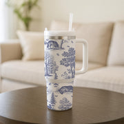 Wolf Toile de Jouy Tumbler with Straw, Rustic Forest Travel Mug, Woodland Animal Cup, Nature Lover Stainless Steel Drinkware Gift