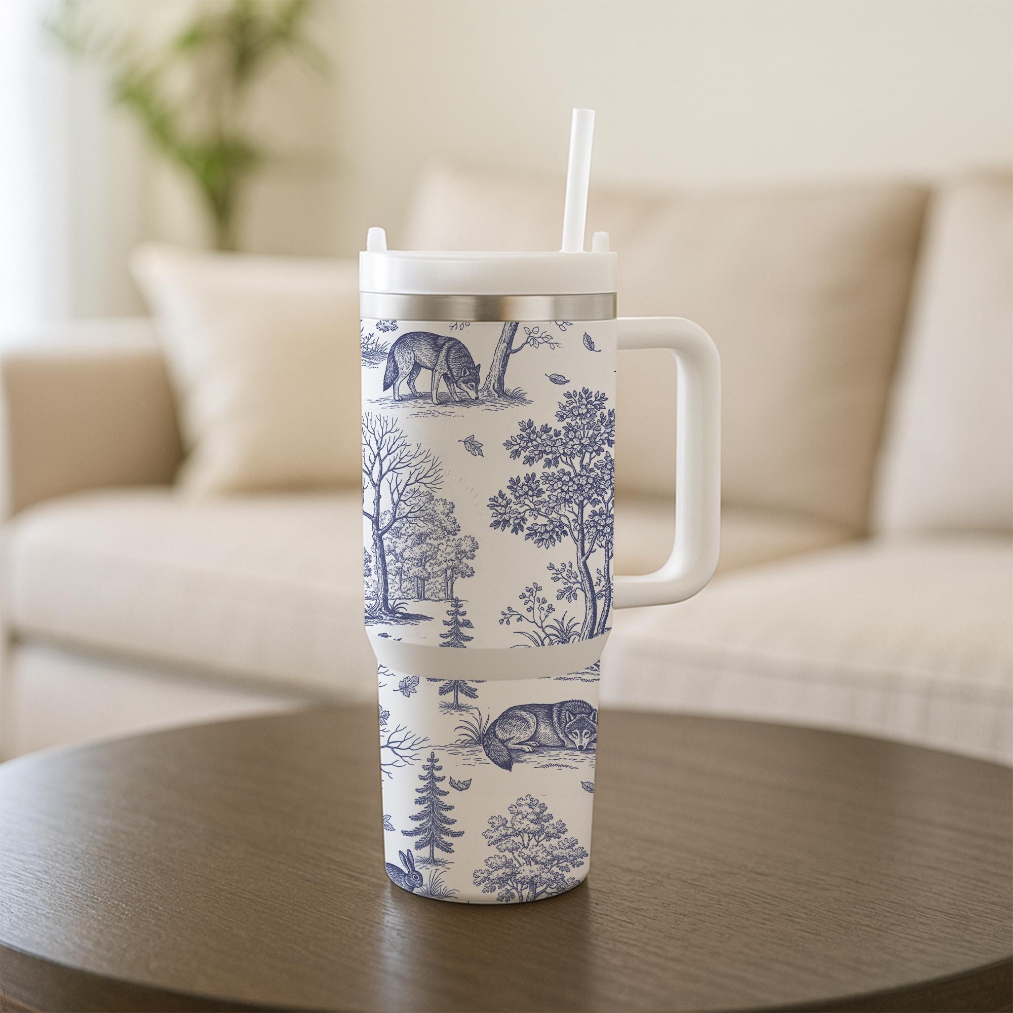 Wolf Toile de Jouy Tumbler with Straw, Rustic Forest Travel Mug, Woodland Animal Cup, Nature Lover Stainless Steel Drinkware Gift