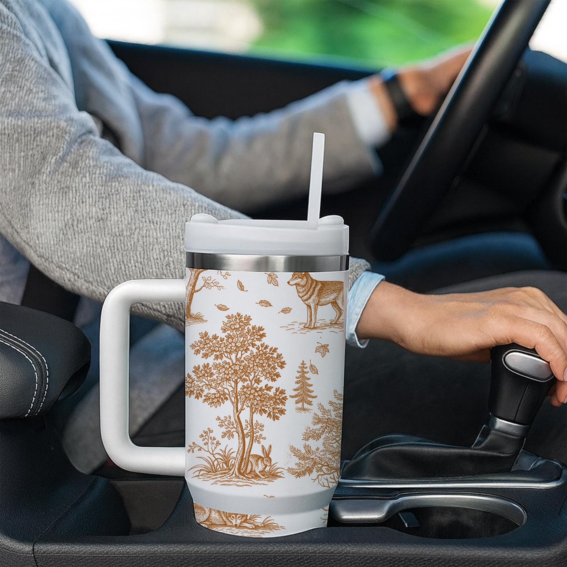 Wolf Toile de Jouy Tumbler with Straw, Rustic Forest Travel Mug, Woodland Animal Cup, Nature Lover Stainless Steel Drinkware Gift