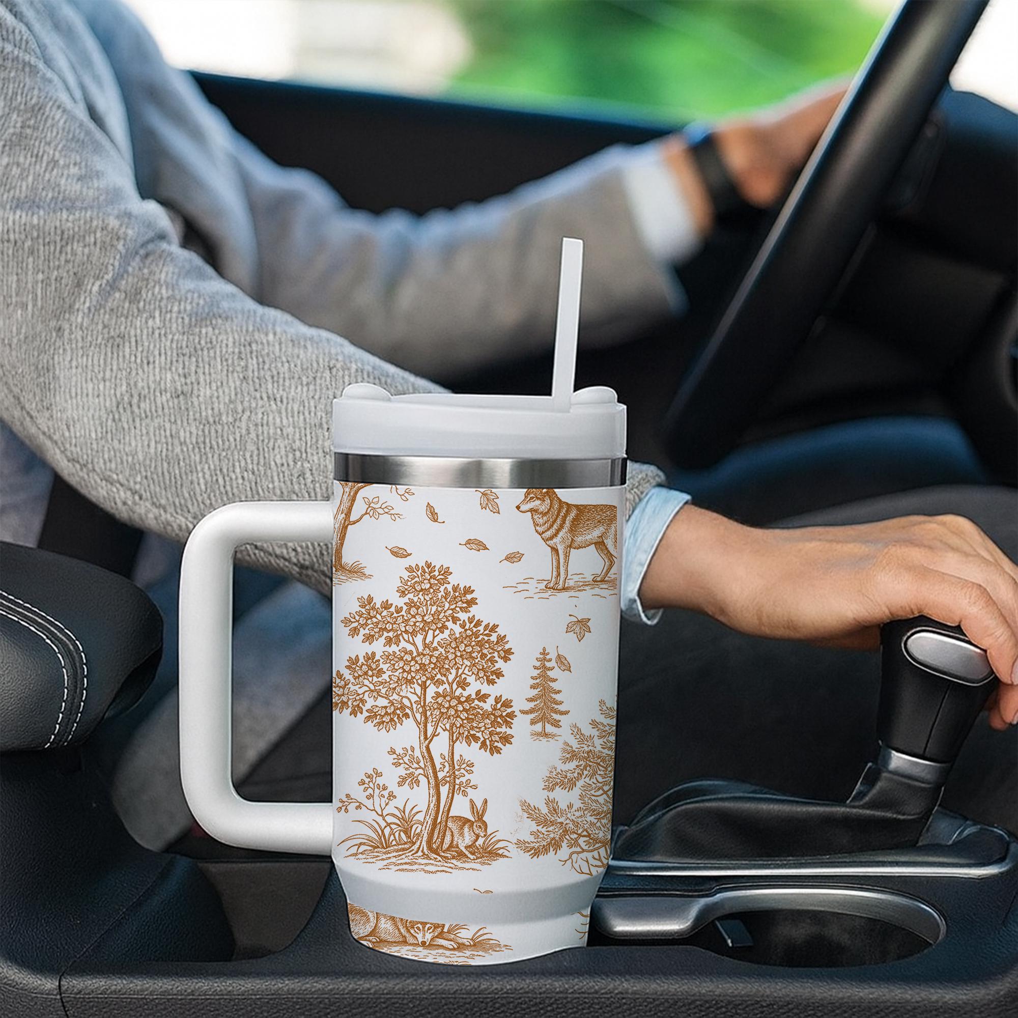 Wolf Toile de Jouy Tumbler with Straw, Rustic Forest Travel Mug, Woodland Animal Cup, Nature Lover Stainless Steel Drinkware Gift