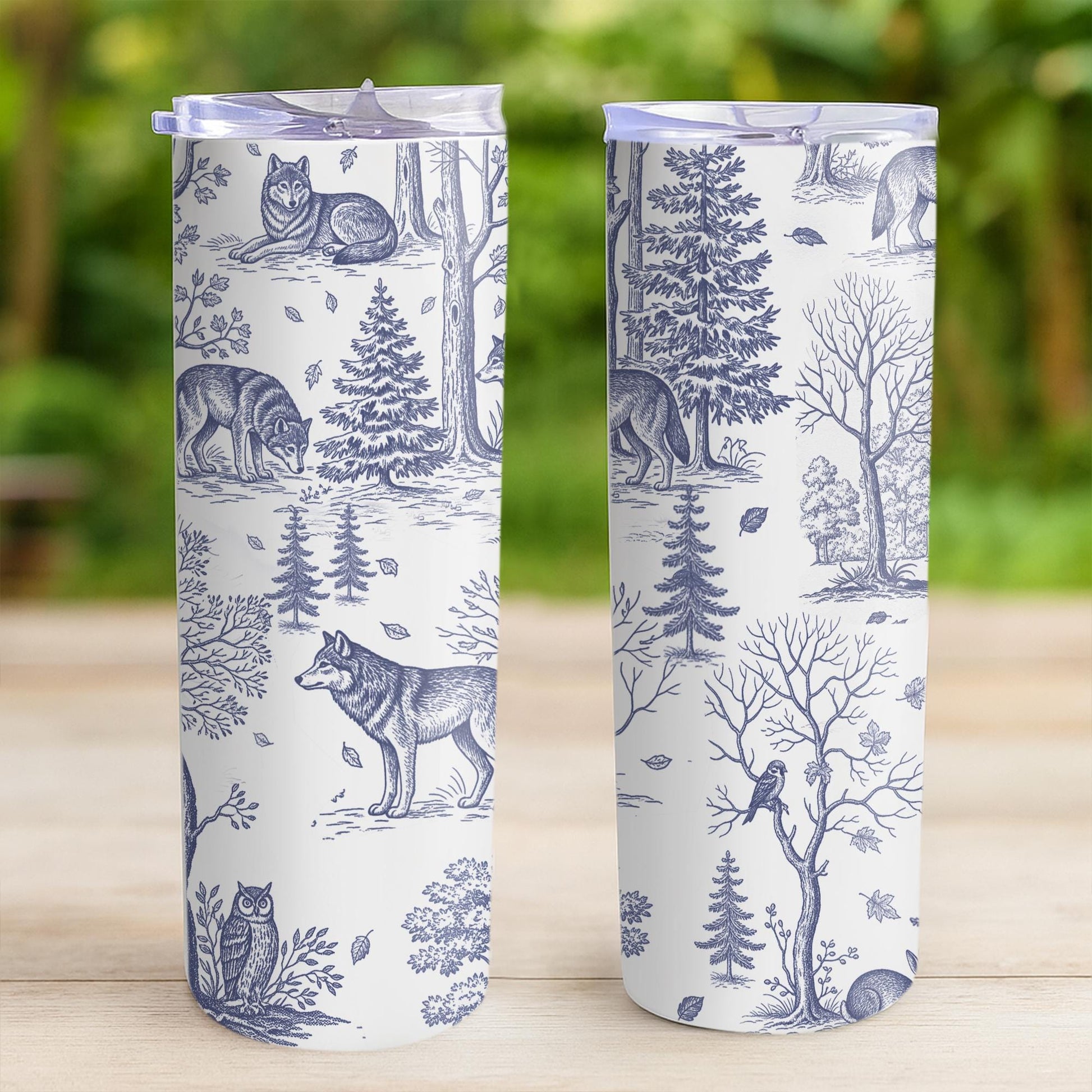 Wolf Toile de Jouy Tumbler with Straw, Rustic Forest Travel Mug, Woodland Animal Cup, Nature Lover Stainless Steel Drinkware Gift