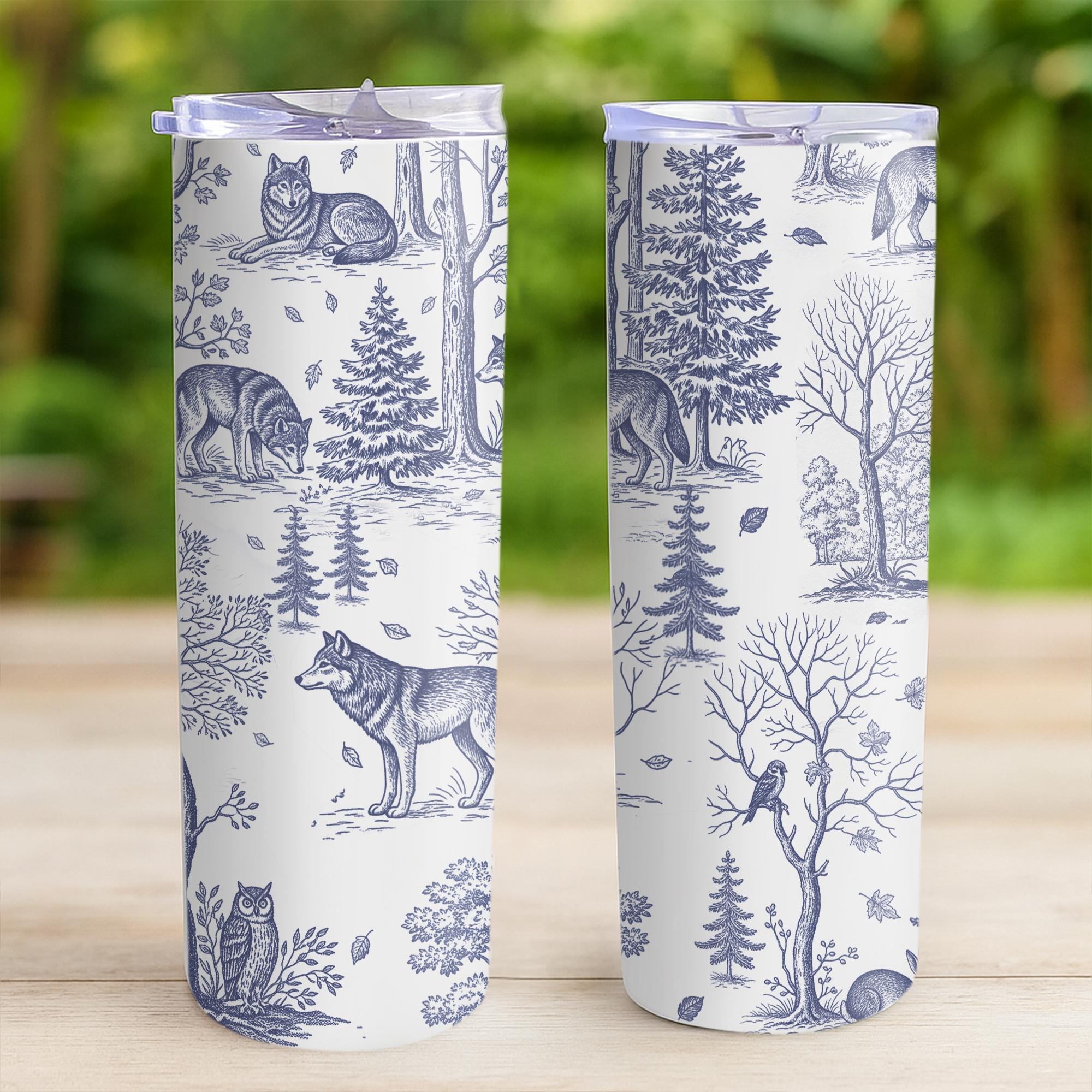 Wolf Toile de Jouy Tumbler with Straw, Rustic Forest Travel Mug, Woodland Animal Cup, Nature Lover Stainless Steel Drinkware Gift