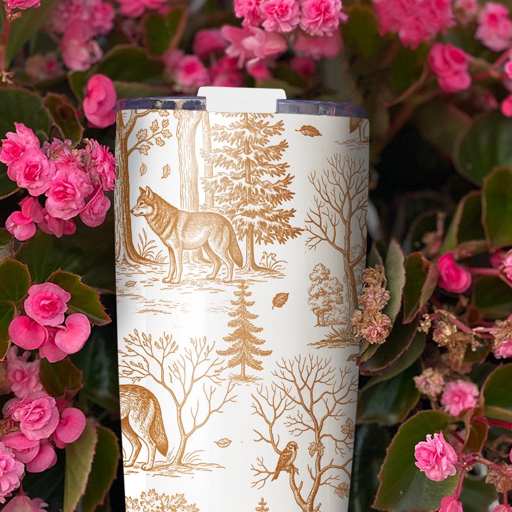 Wolf Toile de Jouy Tumbler with Straw, Rustic Forest Travel Mug, Woodland Animal Cup, Nature Lover Stainless Steel Drinkware Gift