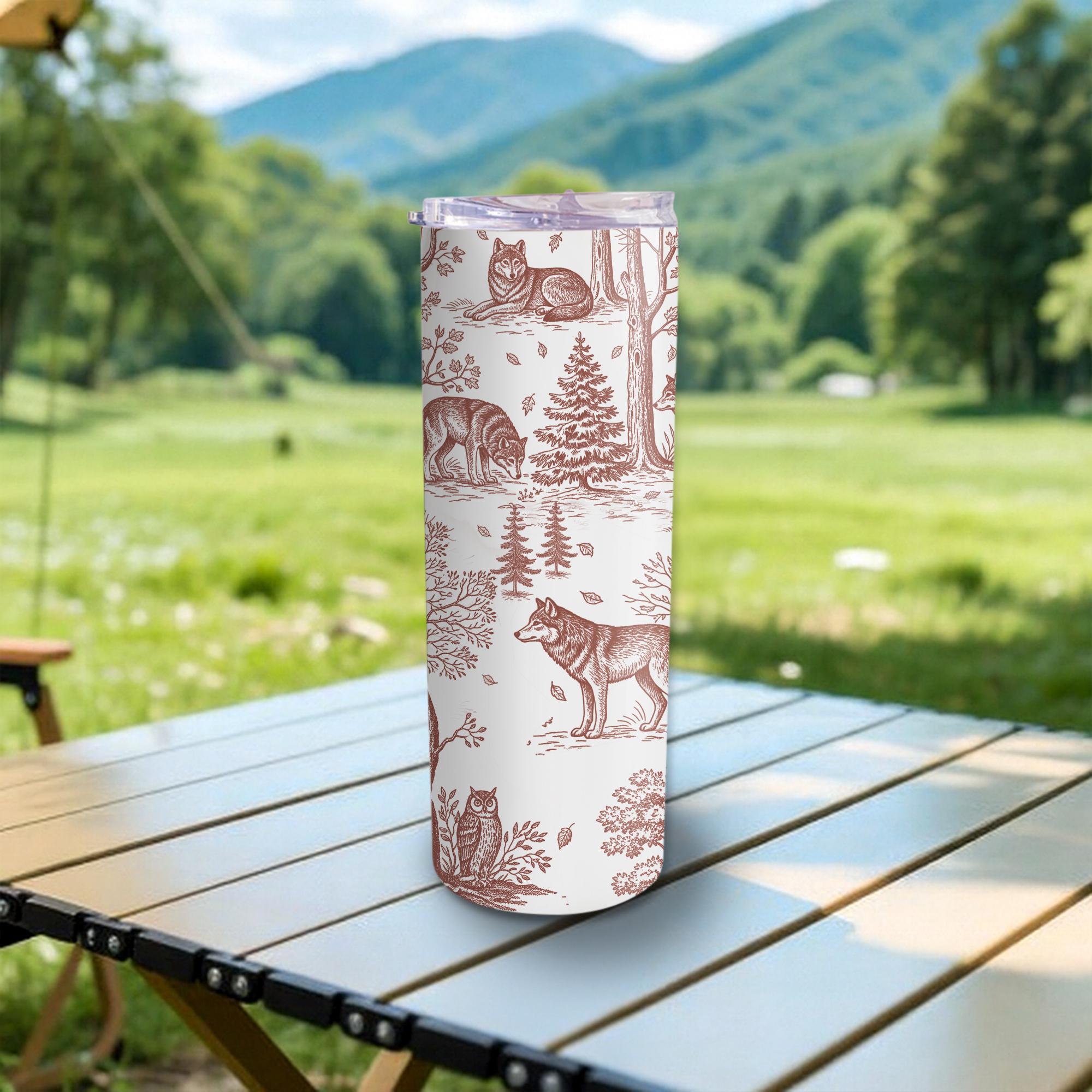 Wolf Toile de Jouy Tumbler with Straw, Rustic Forest Travel Mug, Woodland Animal Cup, Nature Lover Stainless Steel Drinkware Gift