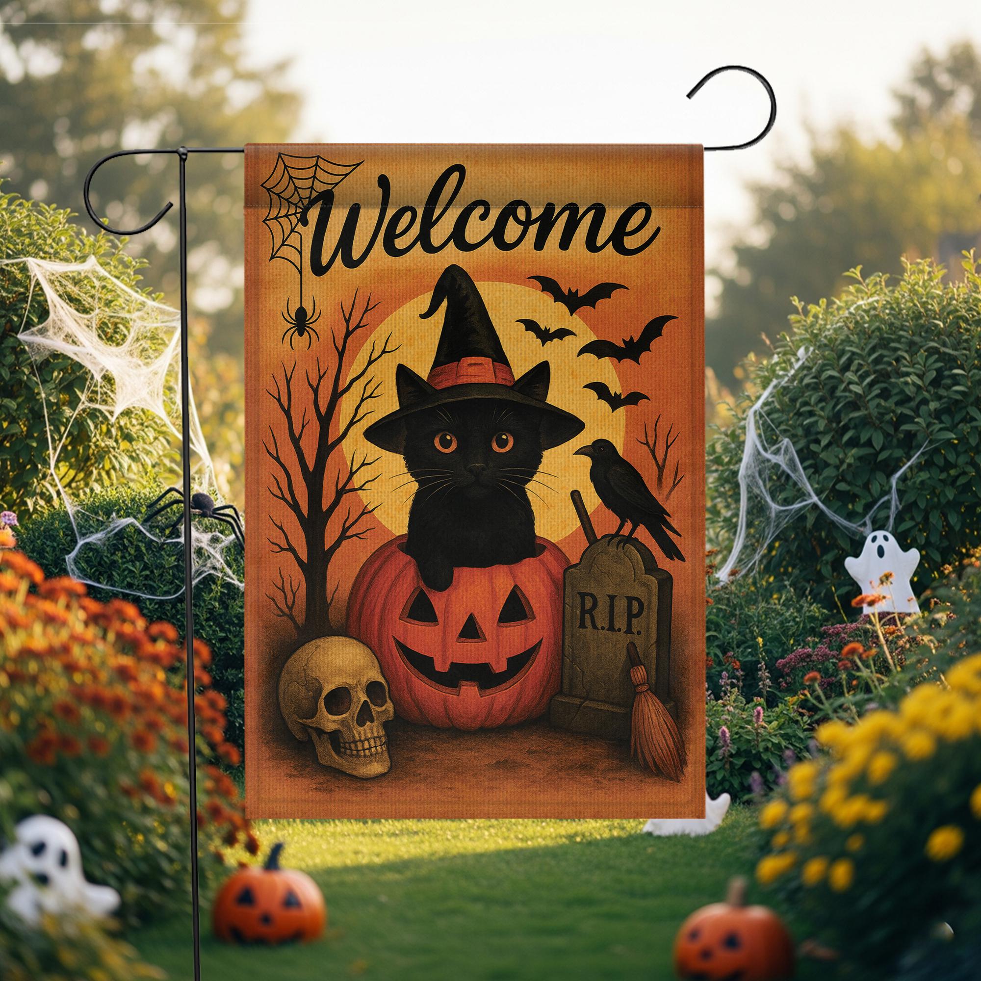 Welcome Halloween Garden Flag, Black Cat Pumpkin Yard Banner, Spooky Outdoor Porch Decor, Gothic Seasonal Decoration with Bats