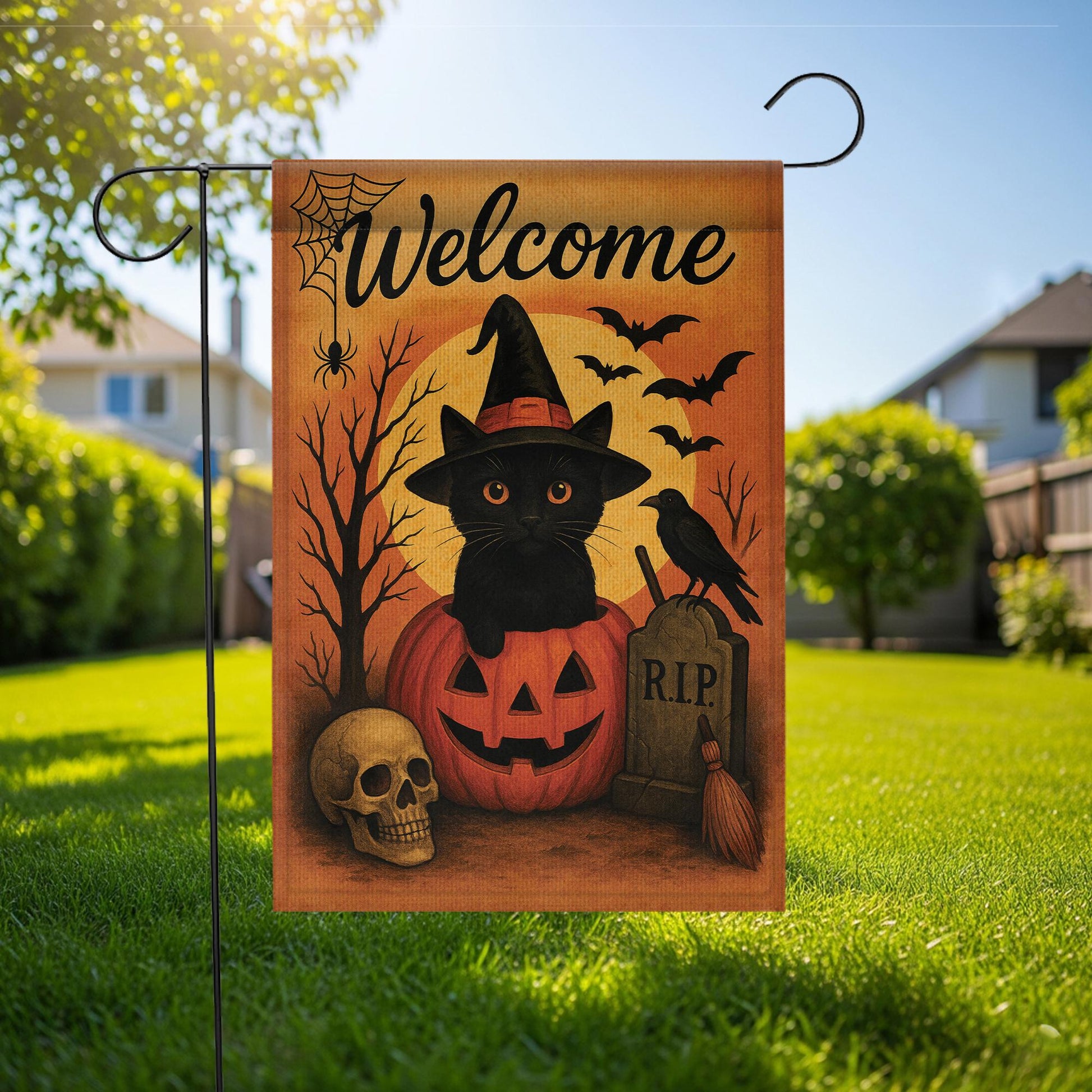 Welcome Halloween Garden Flag, Black Cat Pumpkin Yard Banner, Spooky Outdoor Porch Decor, Gothic Seasonal Decoration with Bats