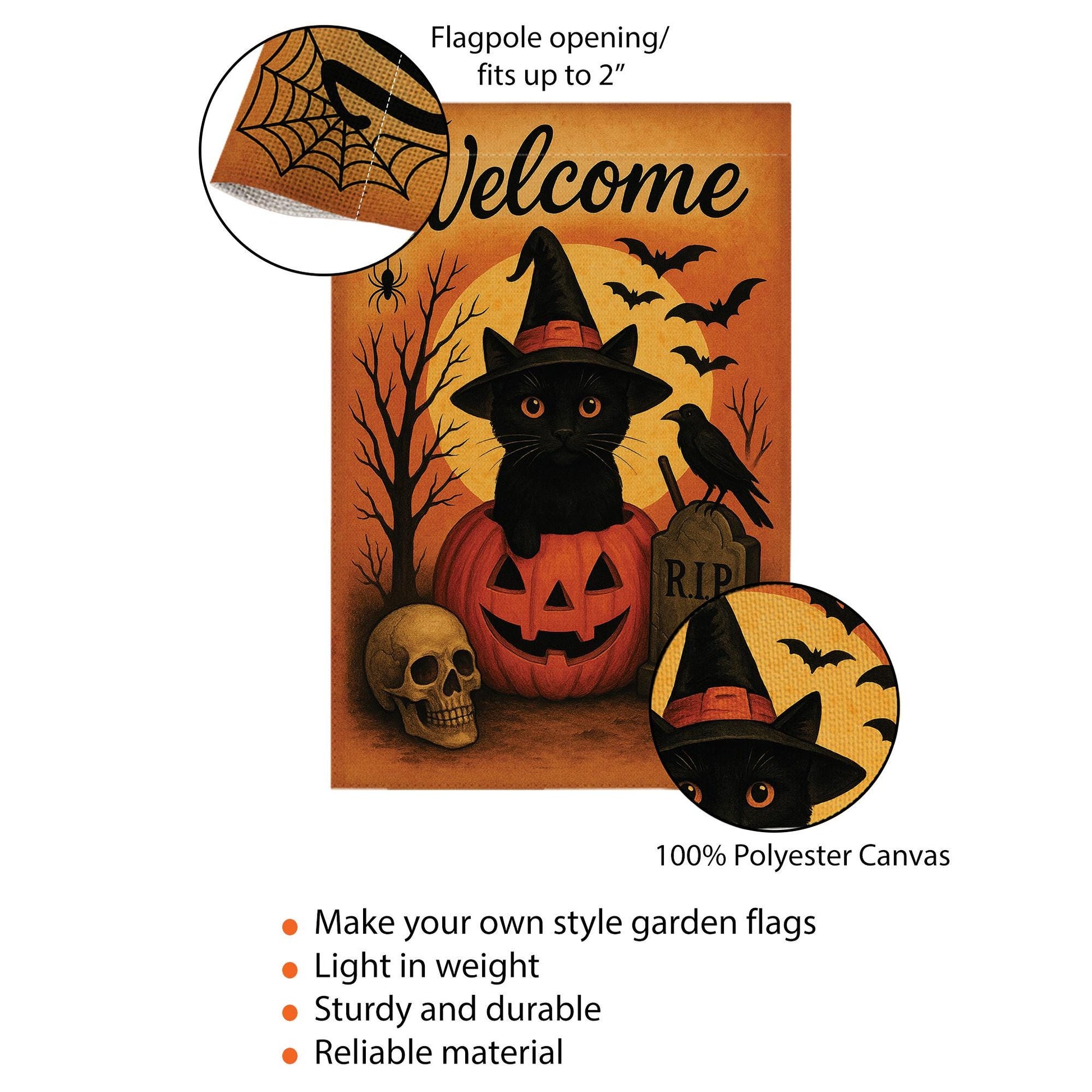 Welcome Halloween Garden Flag, Black Cat Pumpkin Yard Banner, Spooky Outdoor Porch Decor, Gothic Seasonal Decoration with Bats