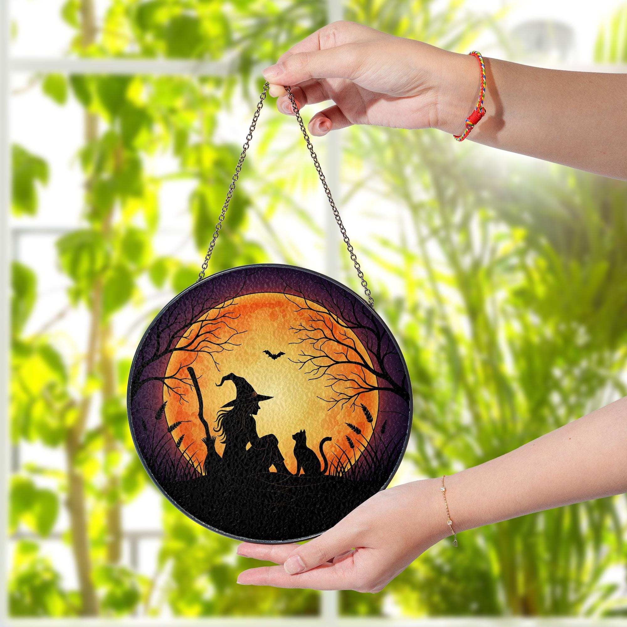 Halloween Witch Cat Glass Suncatcher, Spooky Moon Window Hanging, Gothic Glass Suncatcher Style Decor, Witchy Autumn Home Decoration