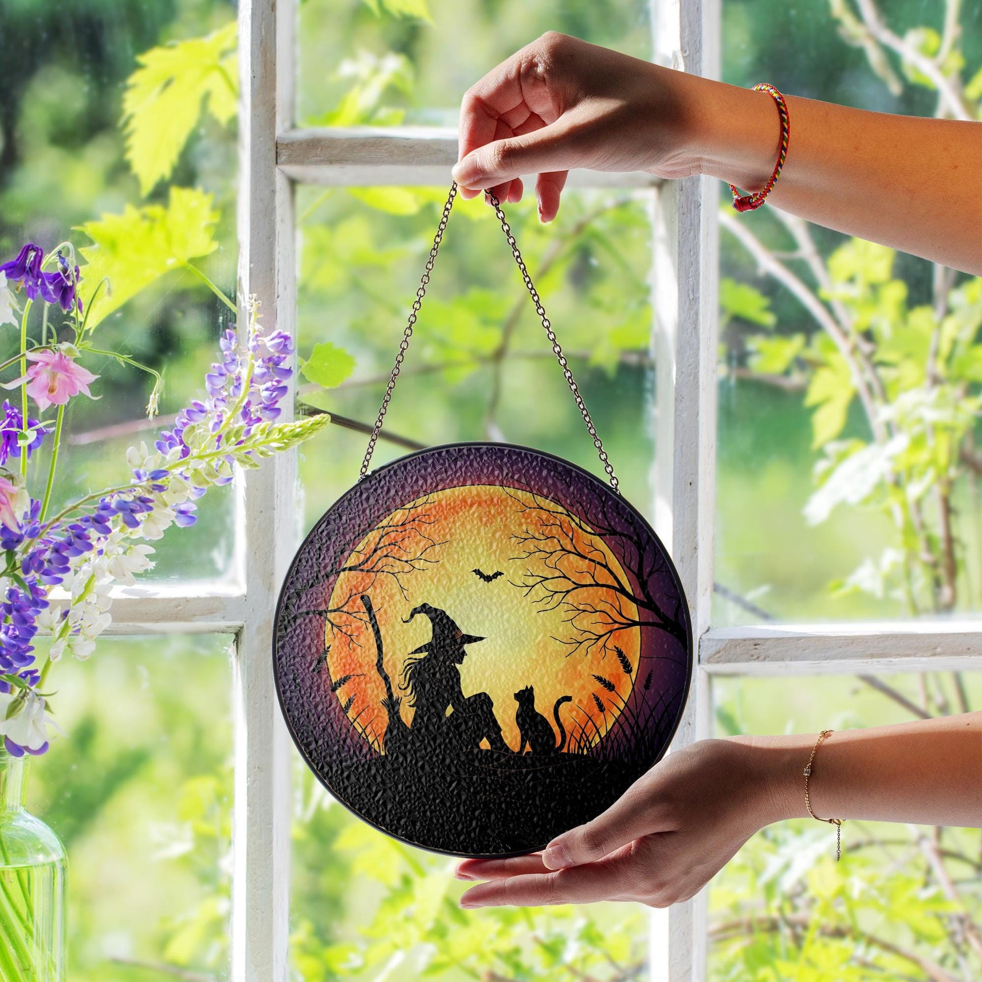 Halloween Witch Cat Glass Suncatcher, Spooky Moon Window Hanging, Gothic Glass Suncatcher Style Decor, Witchy Autumn Home Decoration