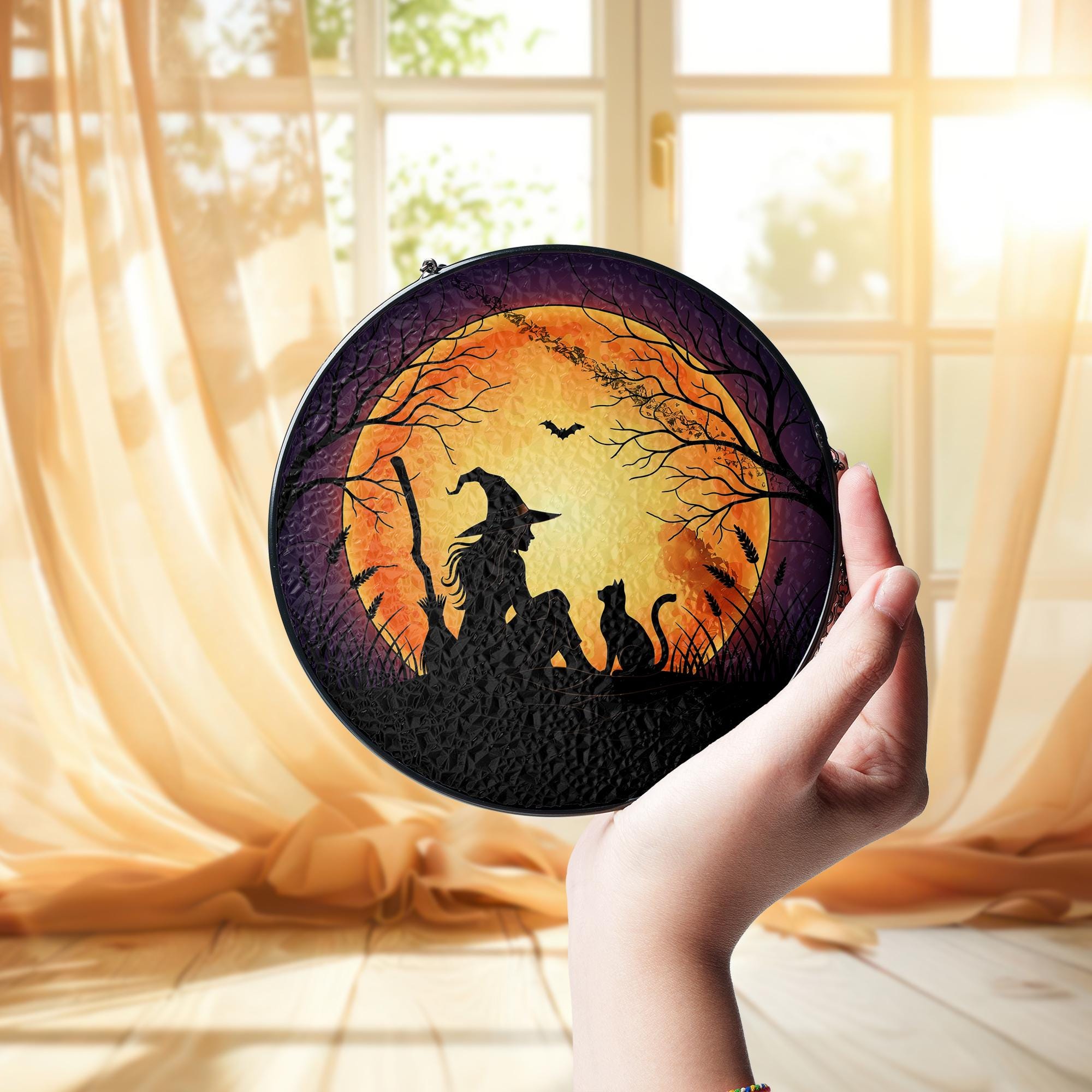 Halloween Witch Cat Glass Suncatcher, Spooky Moon Window Hanging, Gothic Glass Suncatcher Style Decor, Witchy Autumn Home Decoration