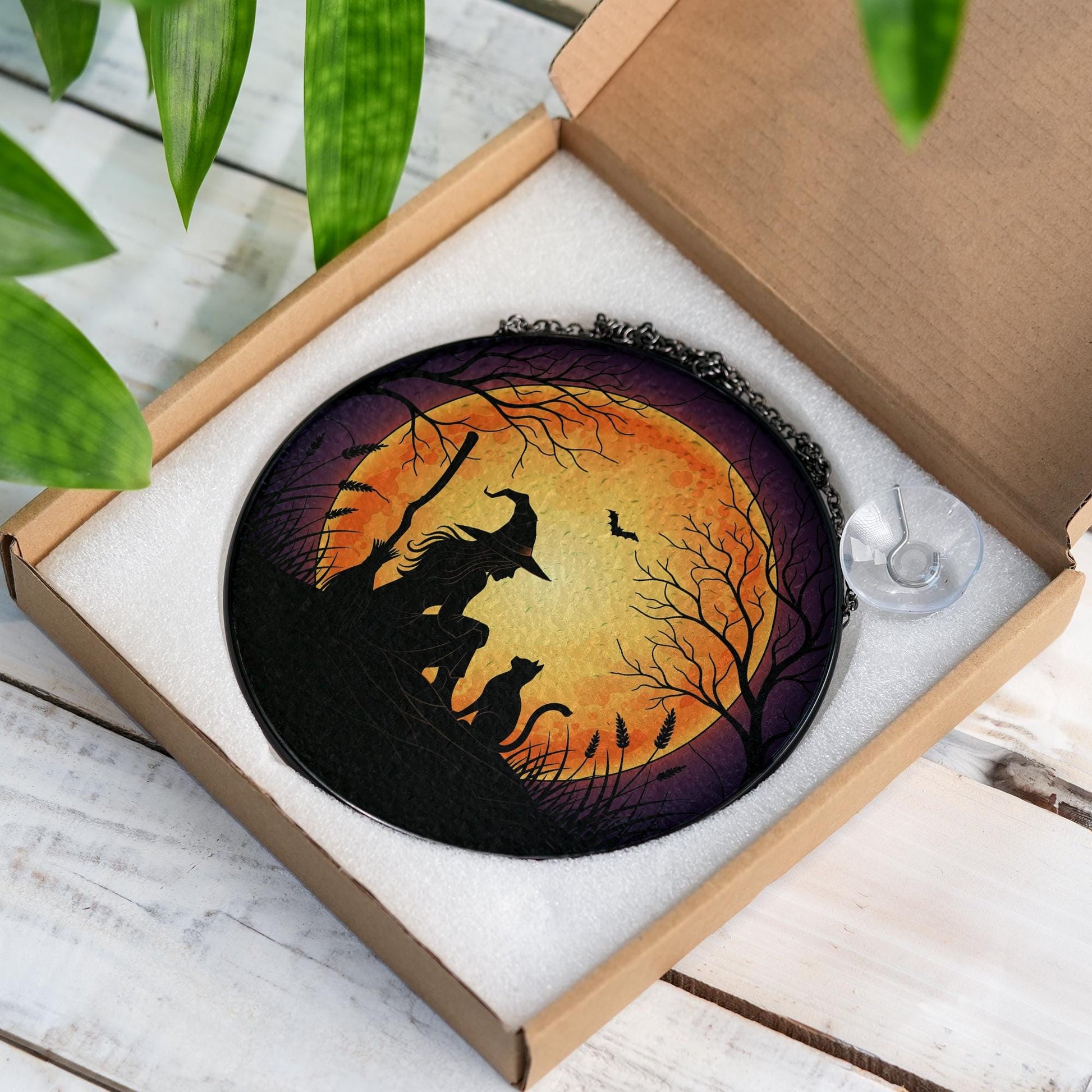 Halloween Witch Cat Glass Suncatcher, Spooky Moon Window Hanging, Gothic Glass Suncatcher Style Decor, Witchy Autumn Home Decoration