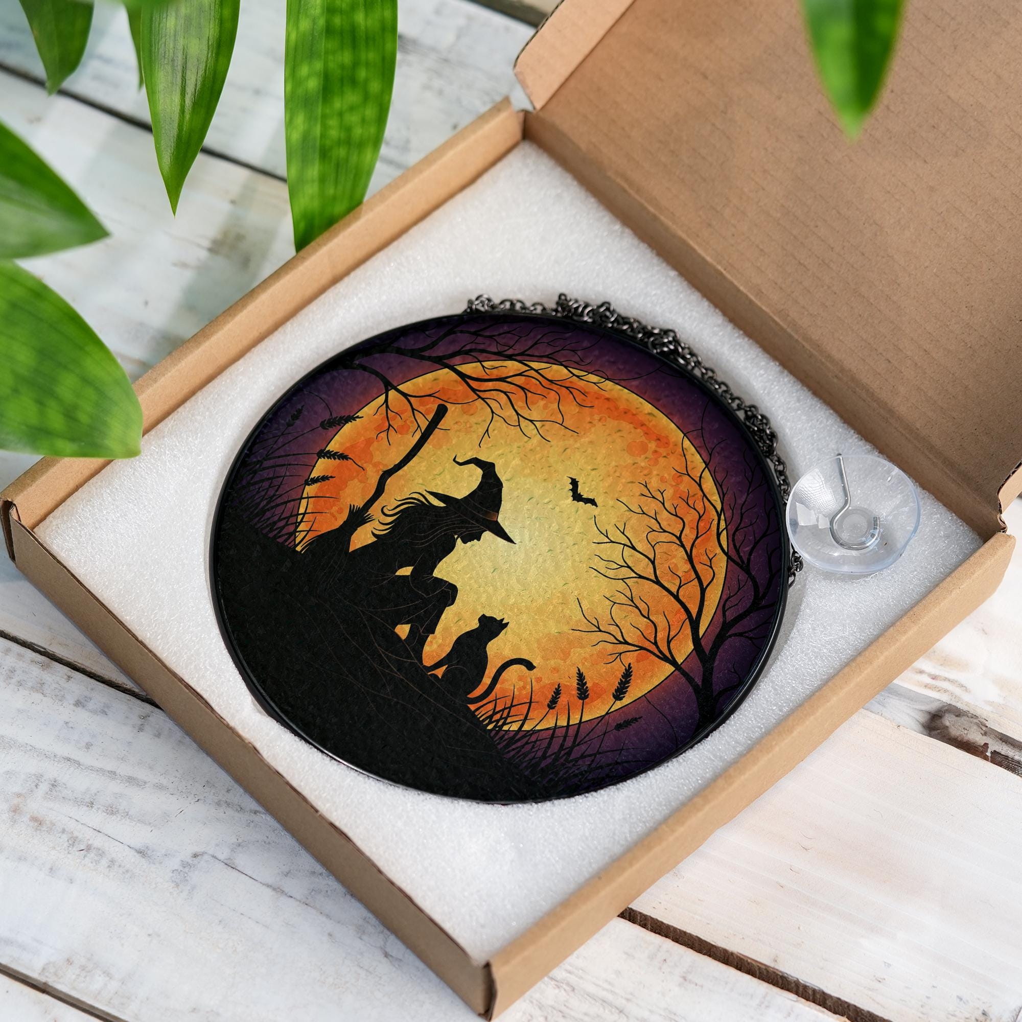 Halloween Witch Cat Glass Suncatcher, Spooky Moon Window Hanging, Gothic Glass Suncatcher Style Decor, Witchy Autumn Home Decoration