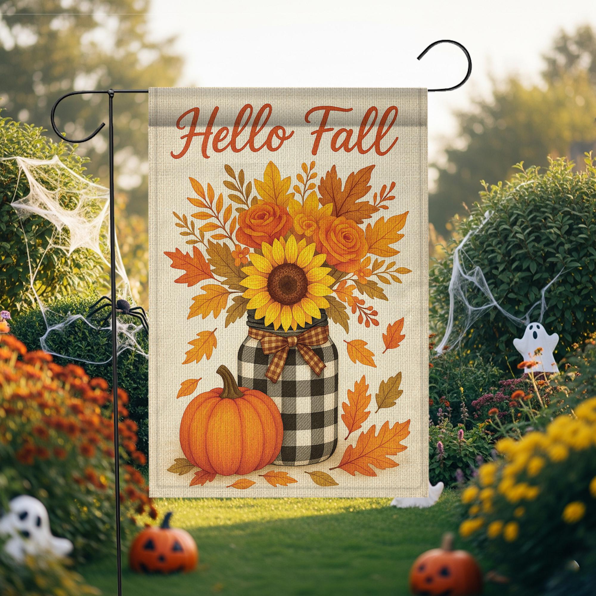 Hello Fall Garden Flag, Sunflower Pumpkin Yard Banner, Rustic Autumn Porch Decor, Seasonal Outdoor Welcome Sign for Fall Decoration
