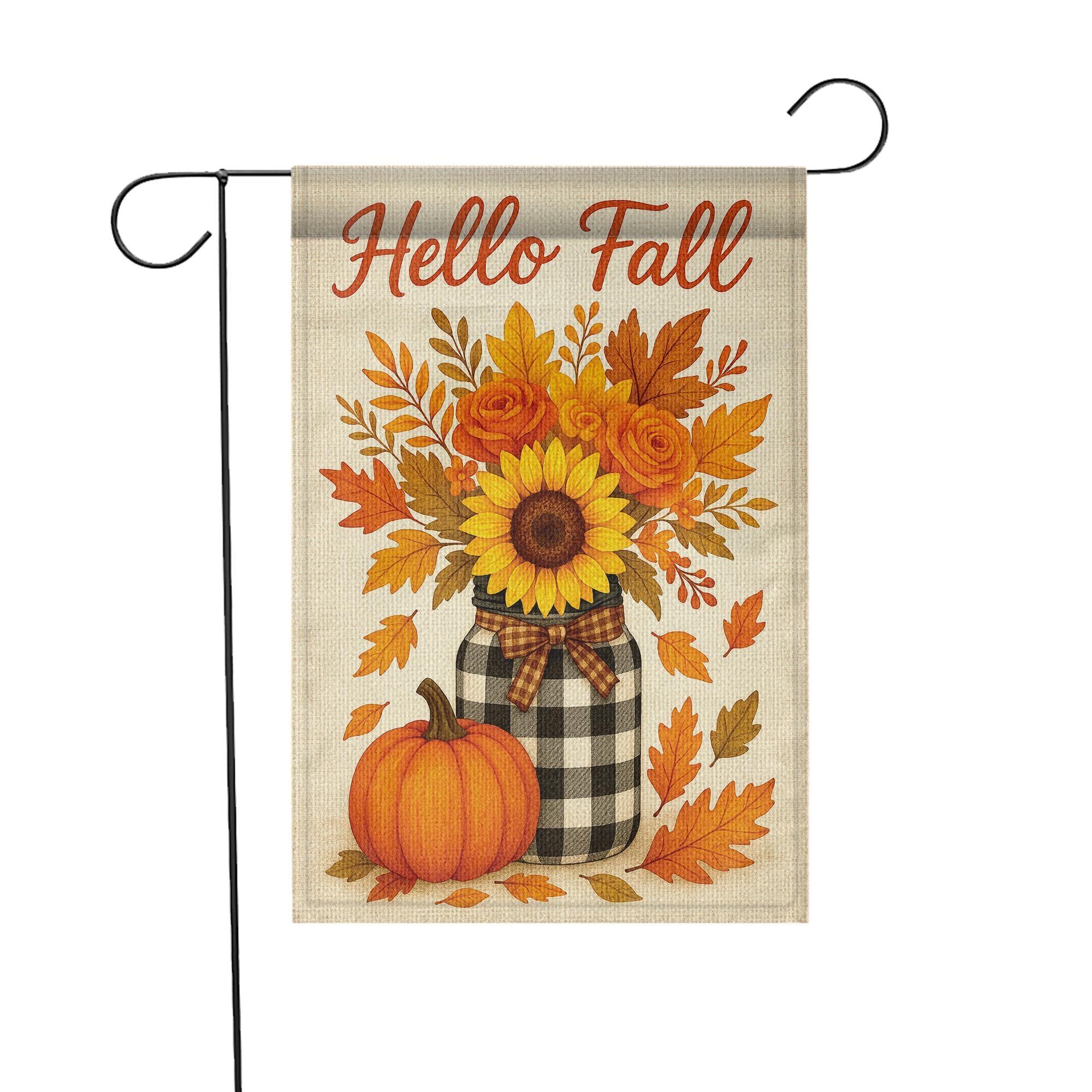 Hello Fall Garden Flag, Sunflower Pumpkin Yard Banner, Rustic Autumn Porch Decor, Seasonal Outdoor Welcome Sign for Fall Decoration