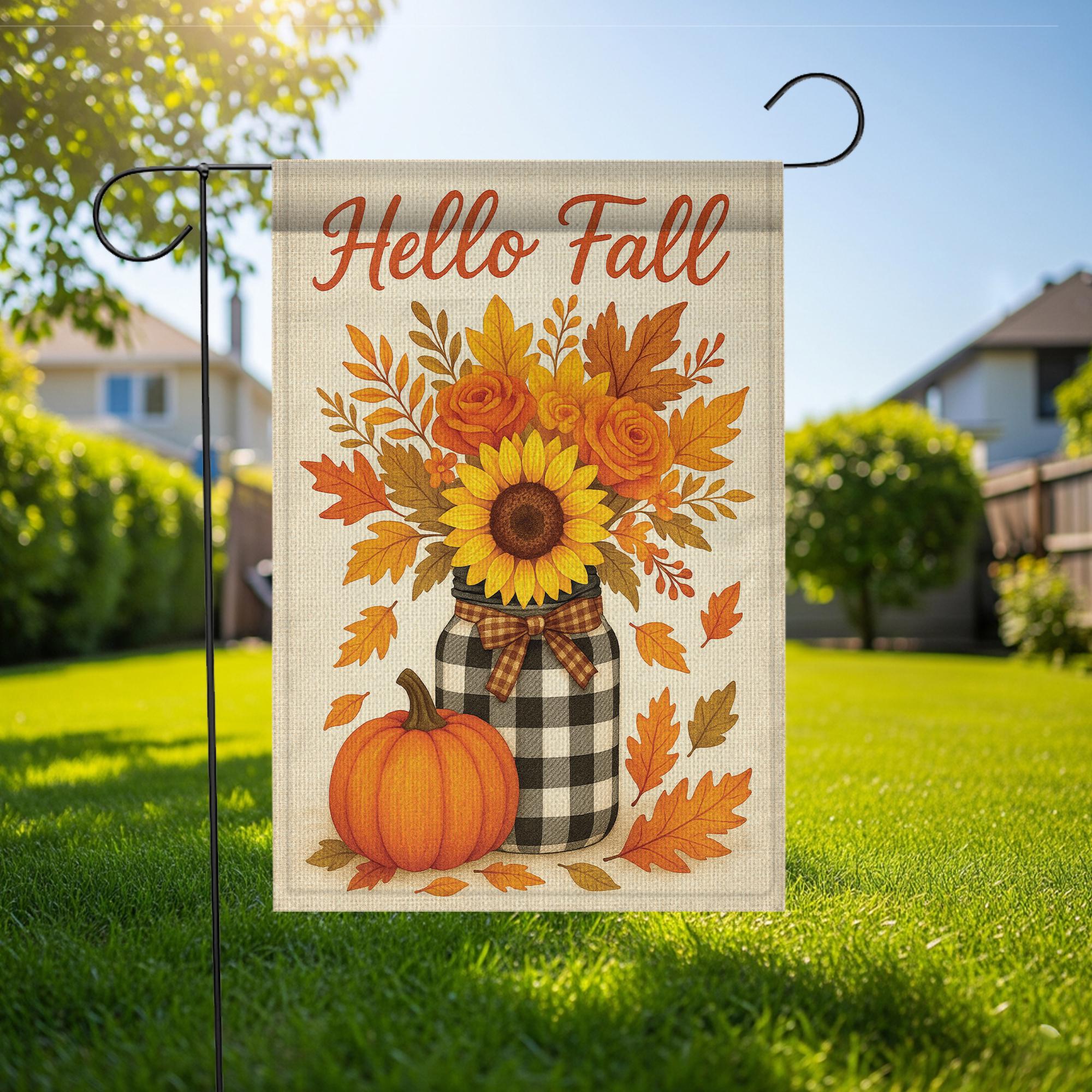 Hello Fall Garden Flag, Sunflower Pumpkin Yard Banner, Rustic Autumn Porch Decor, Seasonal Outdoor Welcome Sign for Fall Decoration