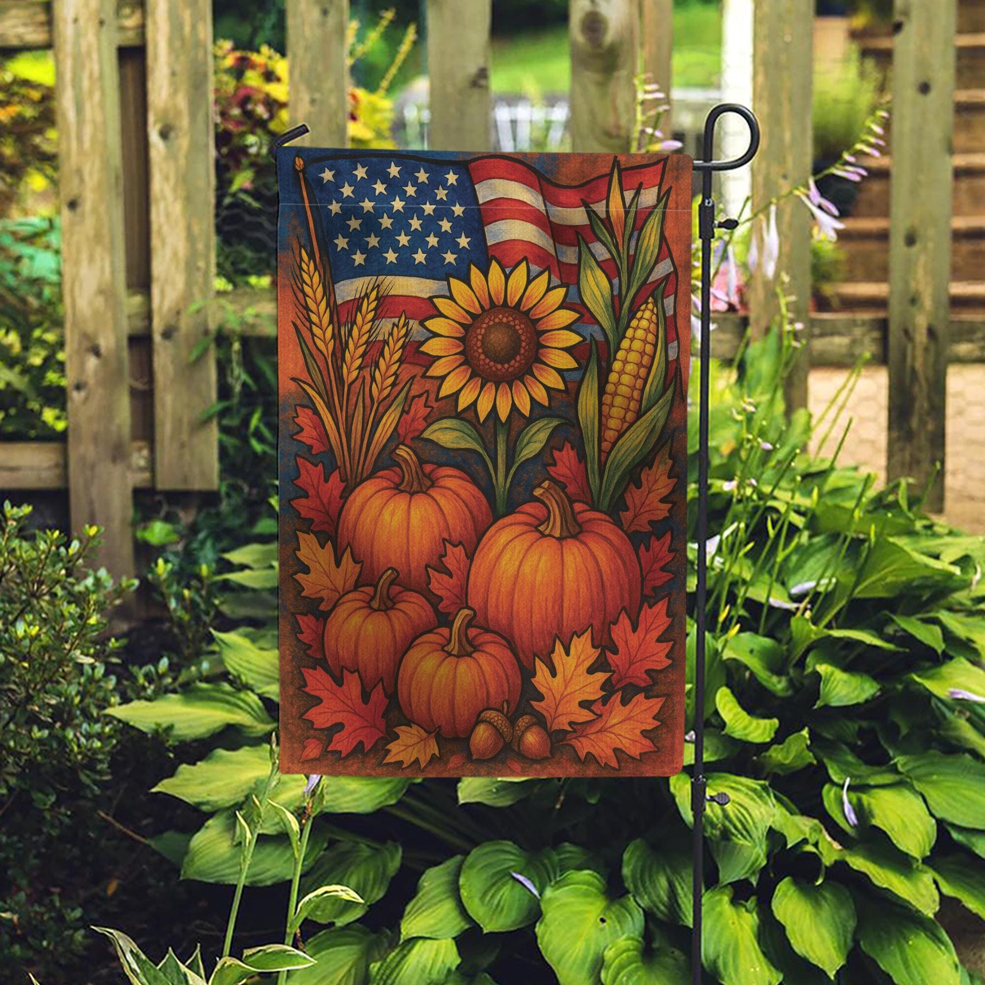 Patriotic Fall Garden Flag, American Flag Pumpkin Sunflower Yard Banner, Rustic Harvest Porch Decor, Thanksgiving Outdoor Decoration
