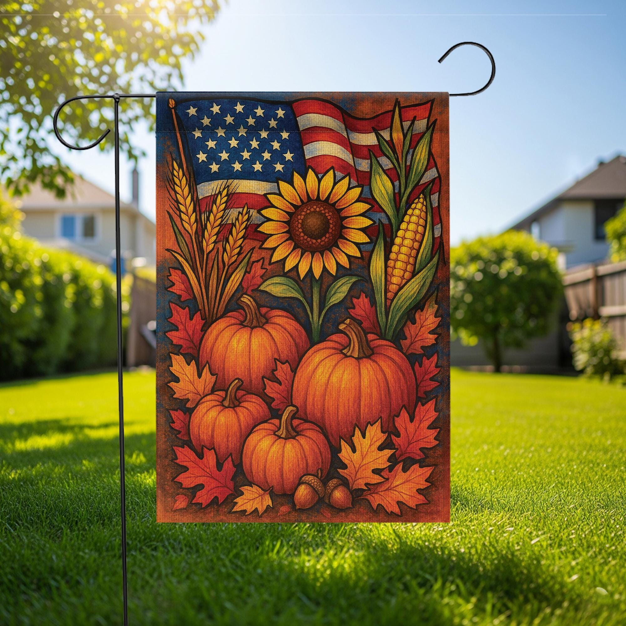 Patriotic Fall Garden Flag, American Flag Pumpkin Sunflower Yard Banner, Rustic Harvest Porch Decor, Thanksgiving Outdoor Decoration