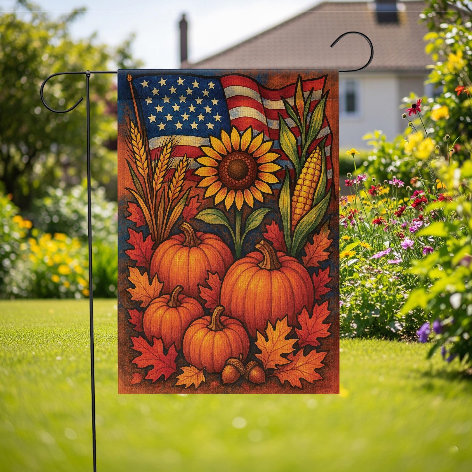 Patriotic Fall Garden Flag, American Flag Pumpkin Sunflower Yard Banner, Rustic Harvest Porch Decor, Thanksgiving Outdoor Decoration