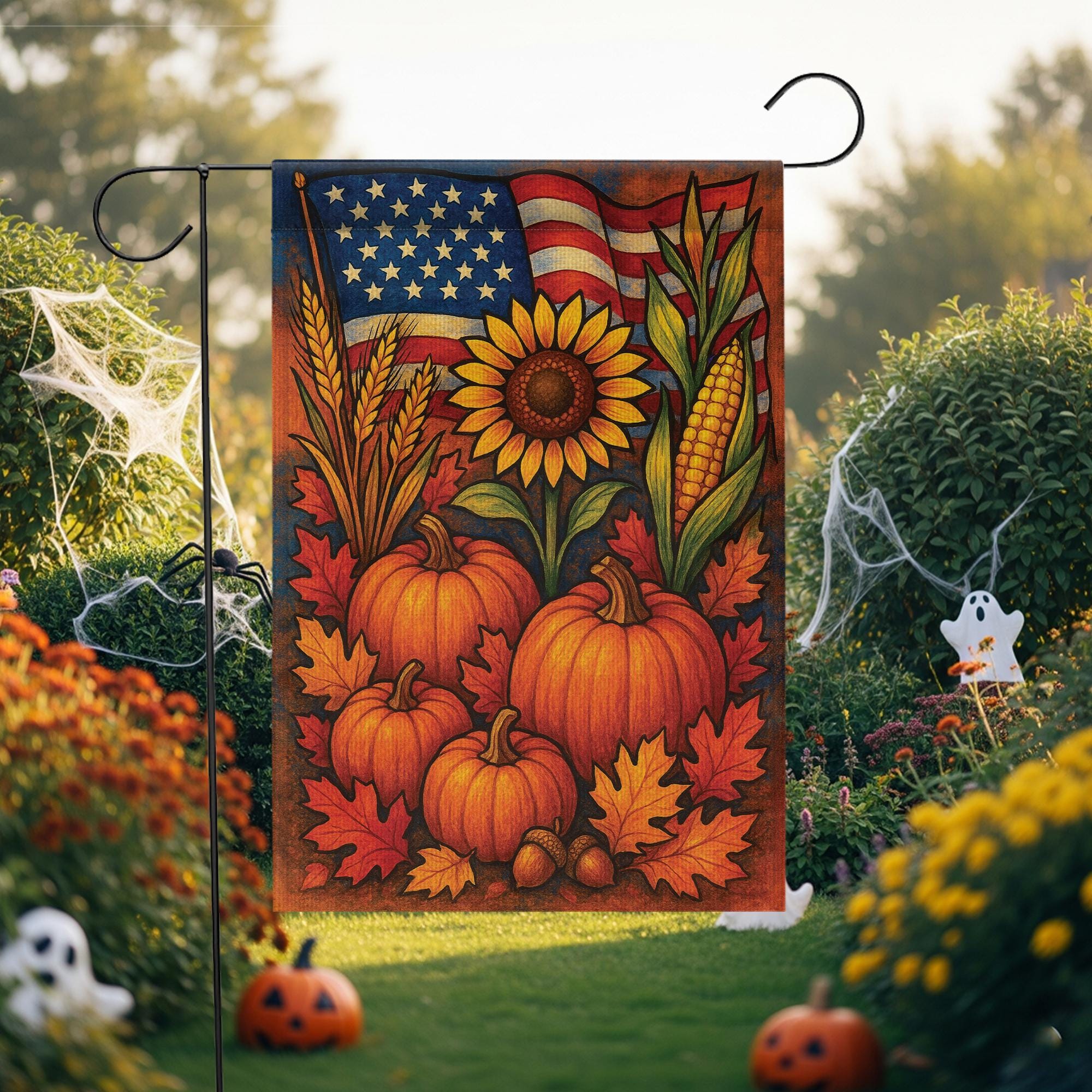 Patriotic Fall Garden Flag, American Flag Pumpkin Sunflower Yard Banner, Rustic Harvest Porch Decor, Thanksgiving Outdoor Decoration