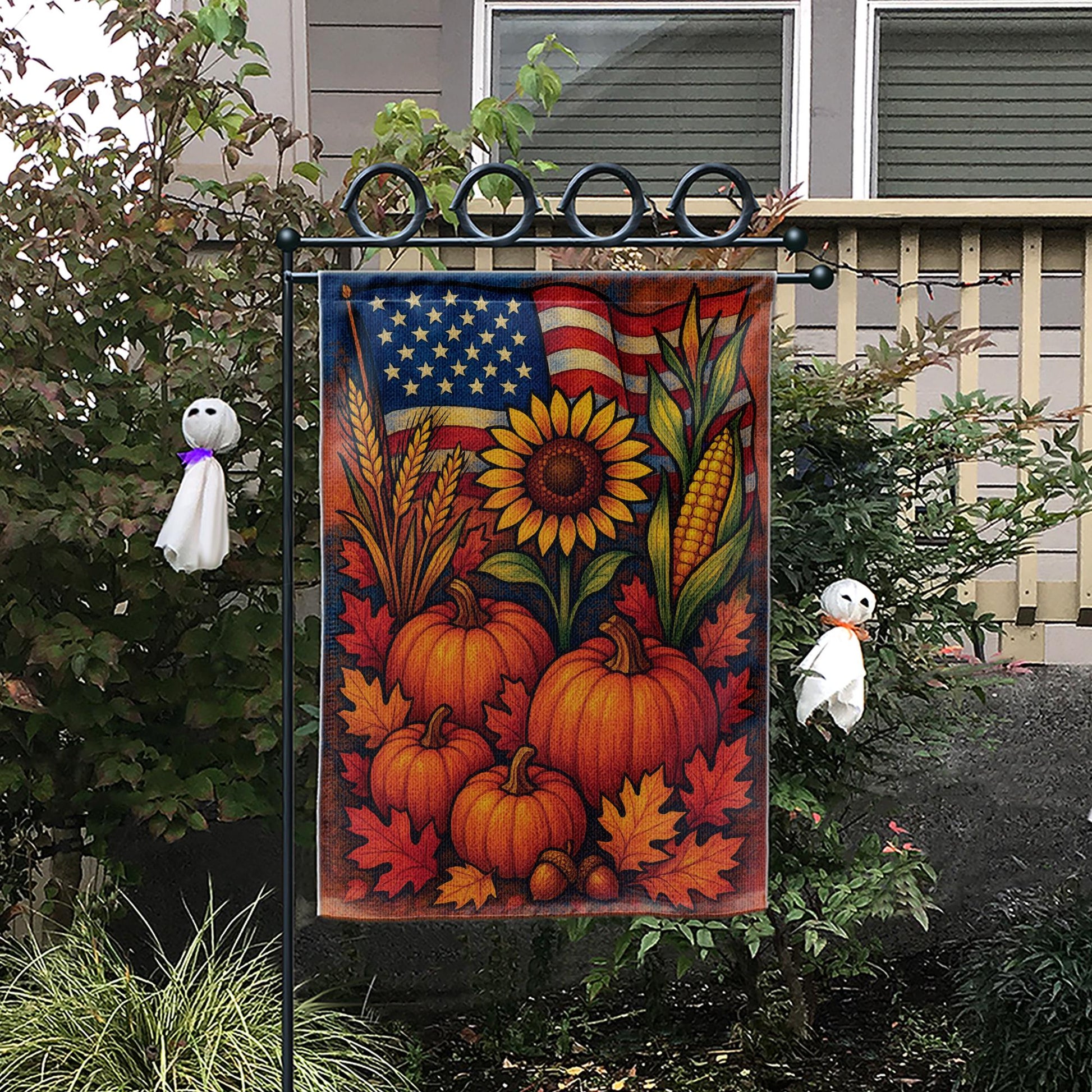 Patriotic Fall Garden Flag, American Flag Pumpkin Sunflower Yard Banner, Rustic Harvest Porch Decor, Thanksgiving Outdoor Decoration