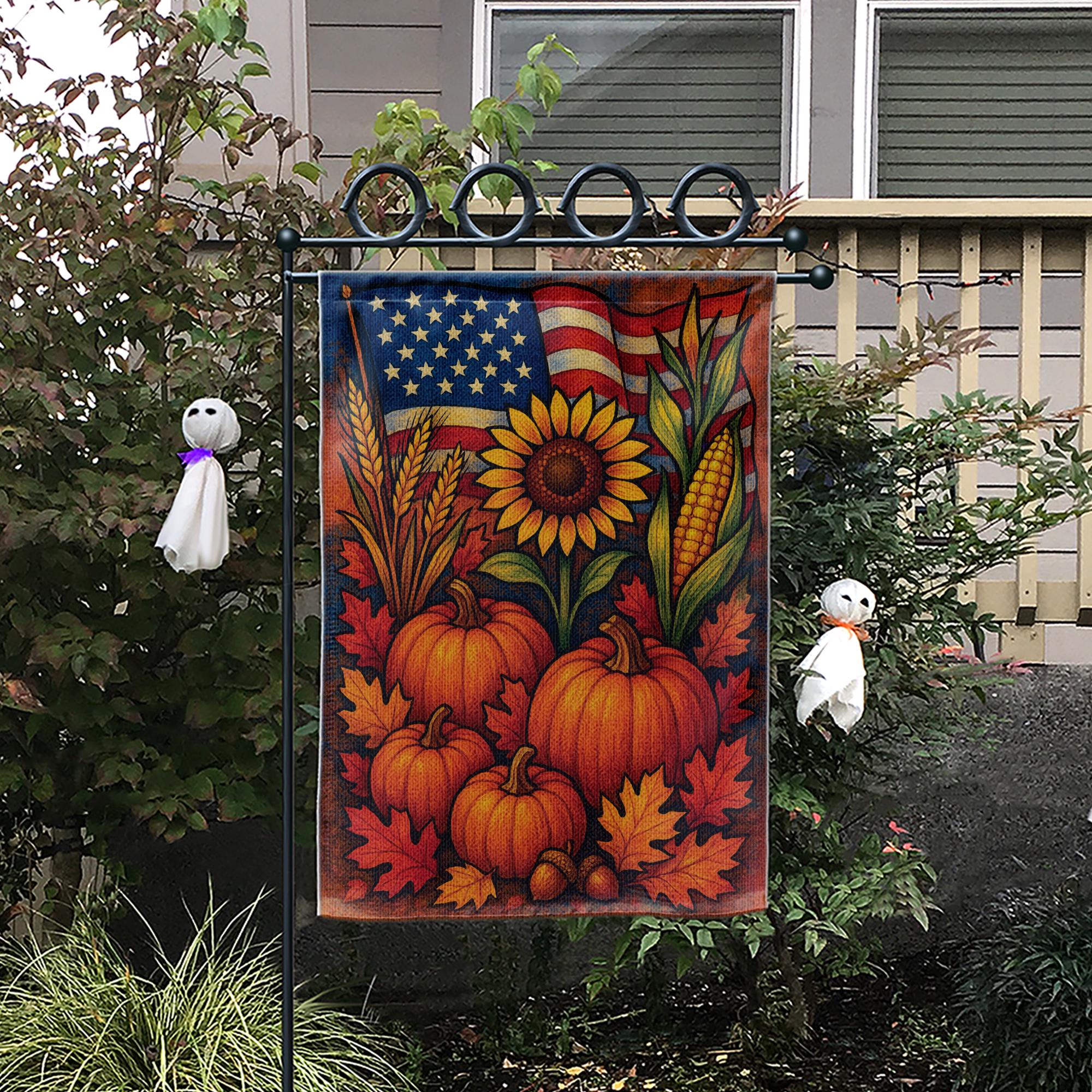 Patriotic Fall Garden Flag, American Flag Pumpkin Sunflower Yard Banner, Rustic Harvest Porch Decor, Thanksgiving Outdoor Decoration