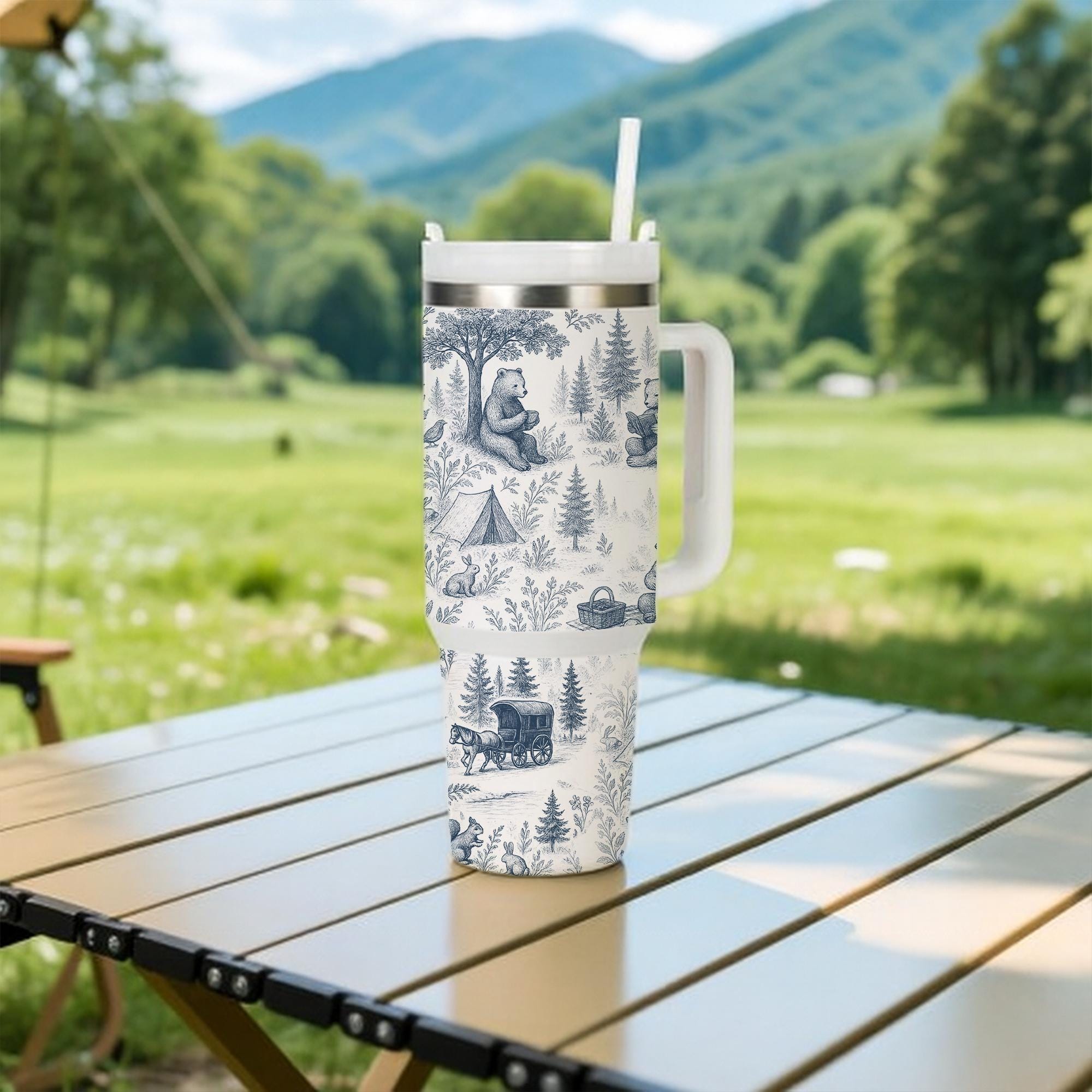 Bear Toile de Jouy Tumbler with Straw, Rustic Forest Travel Mug, Woodland Animal Cup, Nature Lover Stainless Steel Drinkware Gift