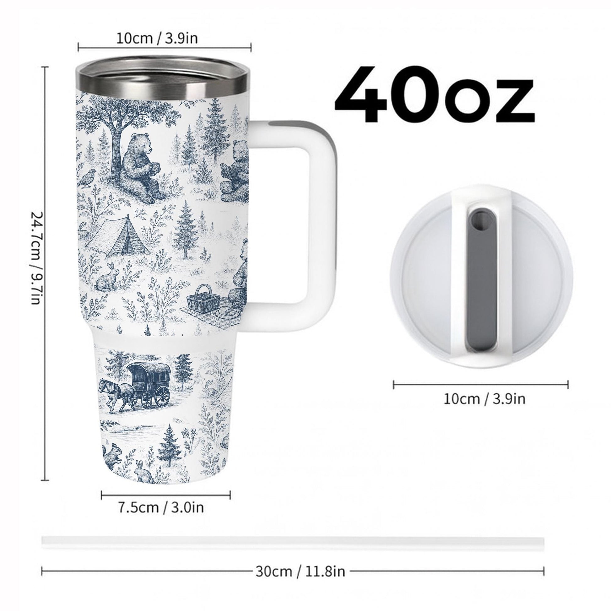 Bear Toile de Jouy Tumbler with Straw, Rustic Forest Travel Mug, Woodland Animal Cup, Nature Lover Stainless Steel Drinkware Gift