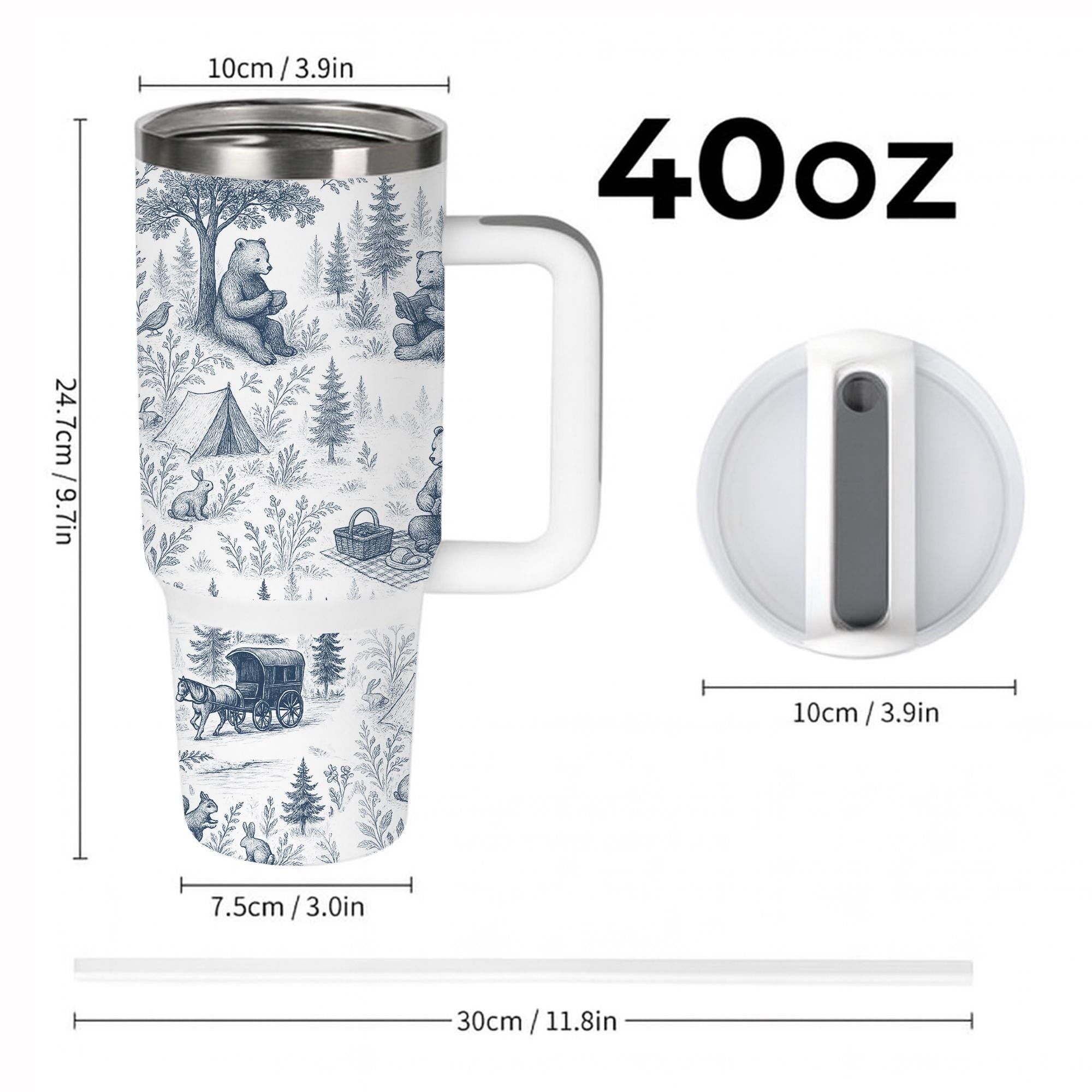 Bear Toile de Jouy Tumbler with Straw, Rustic Forest Travel Mug, Woodland Animal Cup, Nature Lover Stainless Steel Drinkware Gift