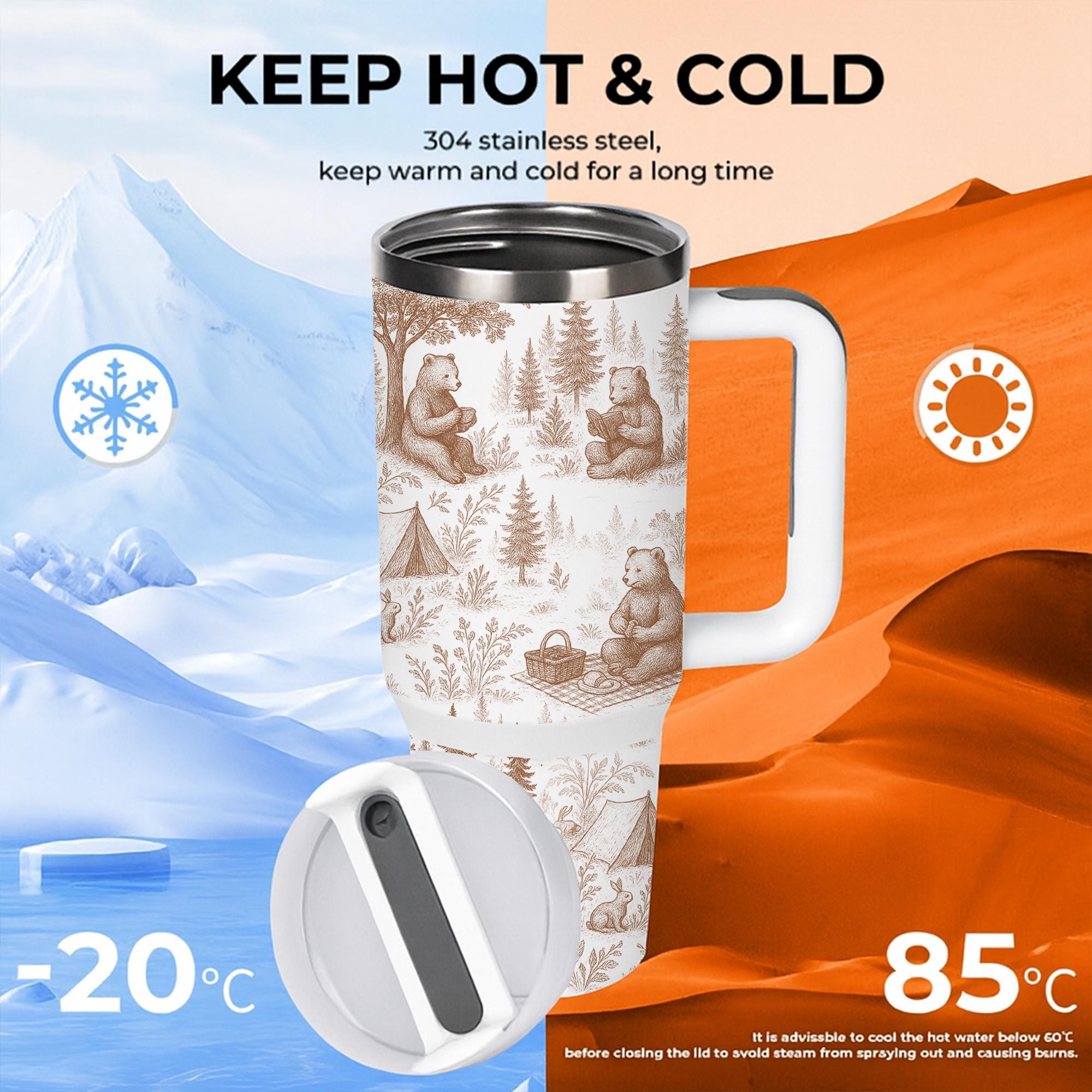 Bear Toile de Jouy Tumbler with Straw, Rustic Forest Travel Mug, Woodland Animal Cup, Nature Lover Stainless Steel Drinkware Gift