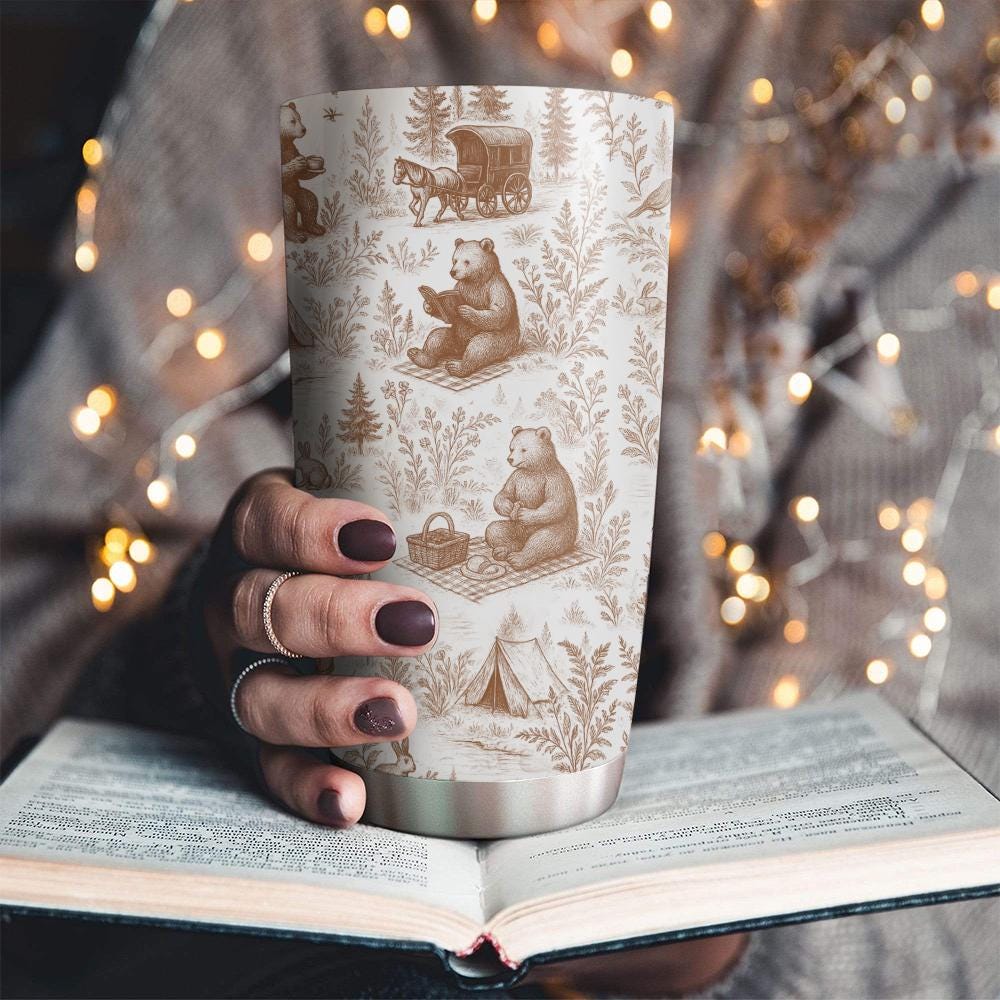Bear Toile de Jouy Tumbler with Straw, Rustic Forest Travel Mug, Woodland Animal Cup, Nature Lover Stainless Steel Drinkware Gift