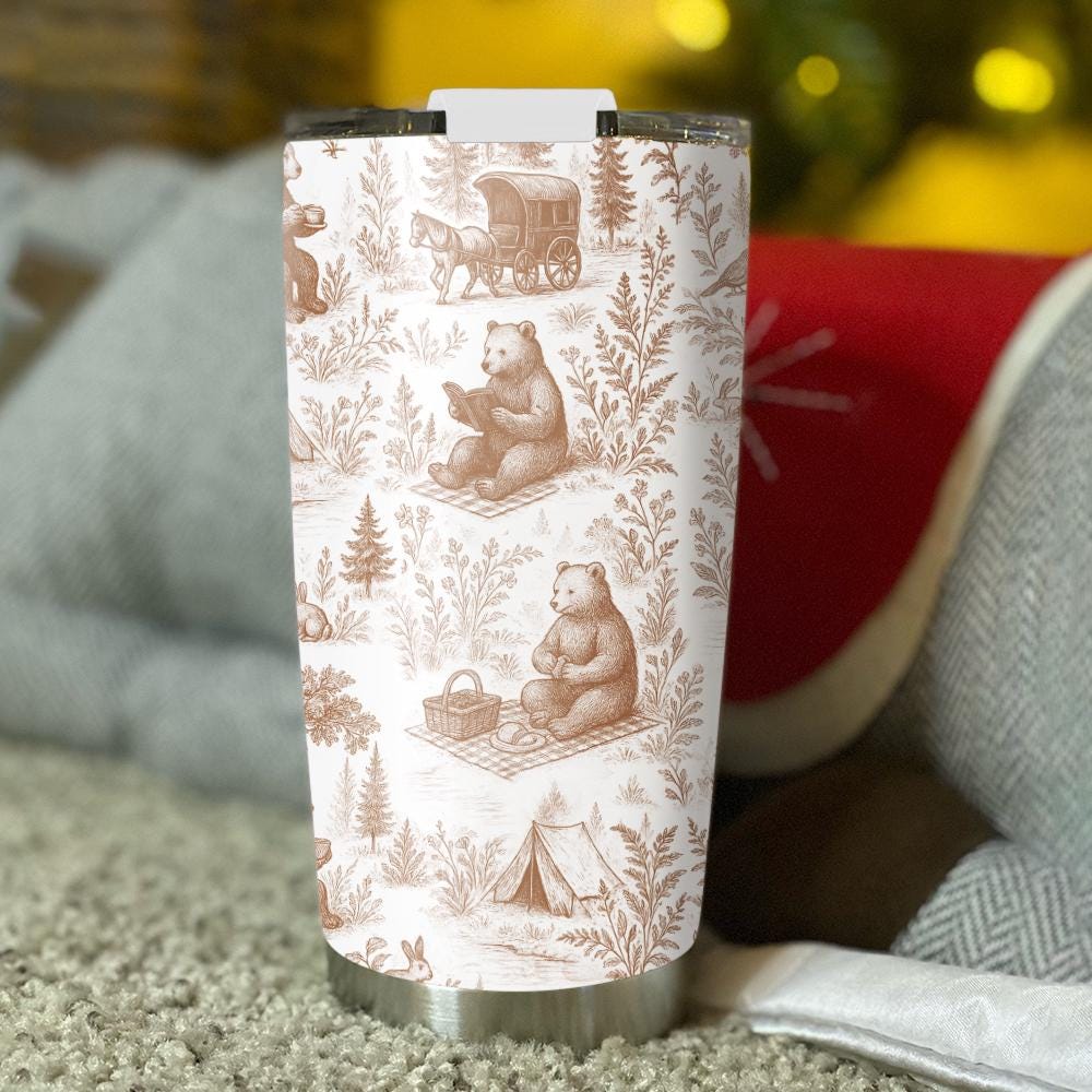 Bear Toile de Jouy Tumbler with Straw, Rustic Forest Travel Mug, Woodland Animal Cup, Nature Lover Stainless Steel Drinkware Gift
