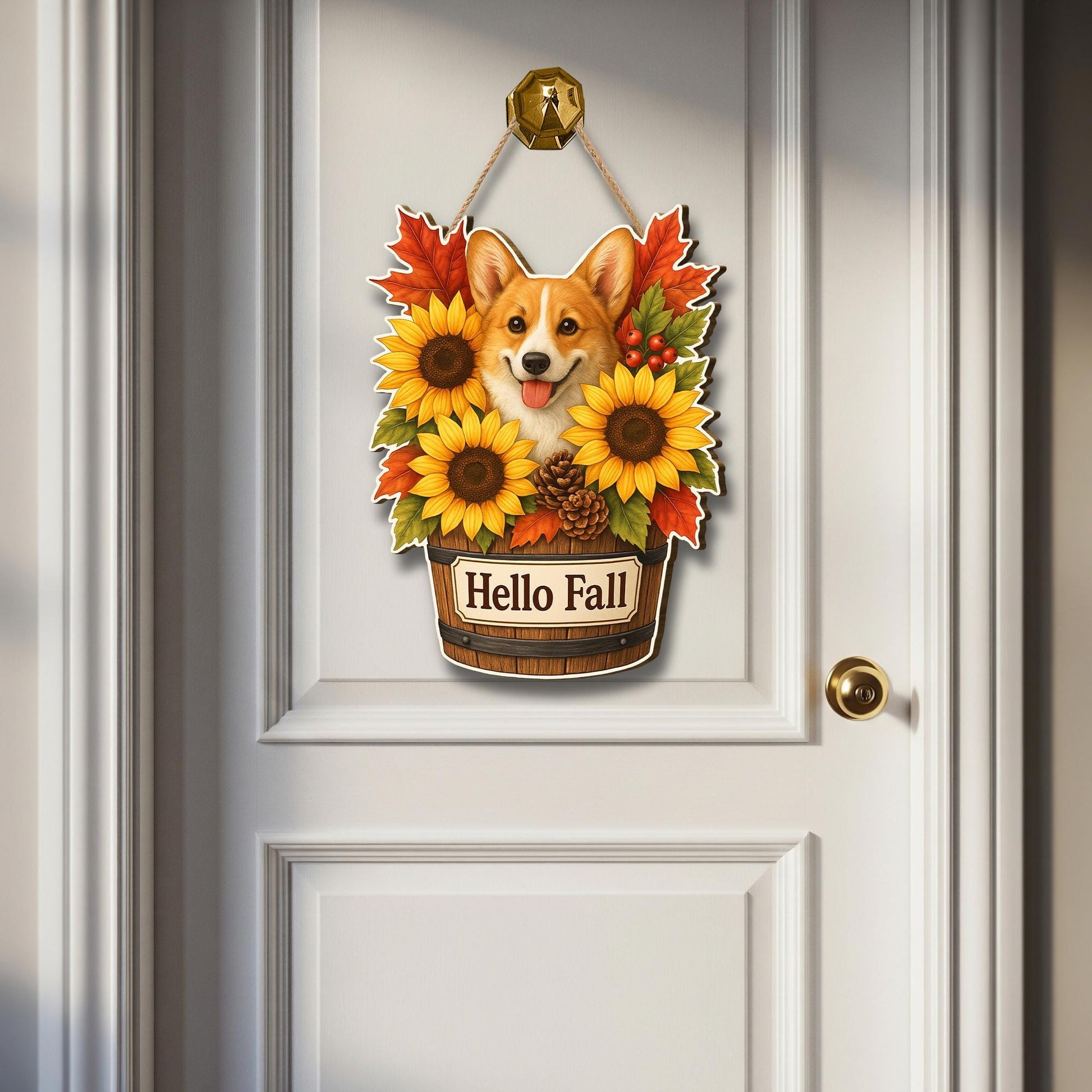 Hello Fall Corgi Door Hanger, Fall Sunflower Porch Sign, Rustic Autumn Front Door Decoration, Dog Lover Farmhouse Wall Hanging Decor