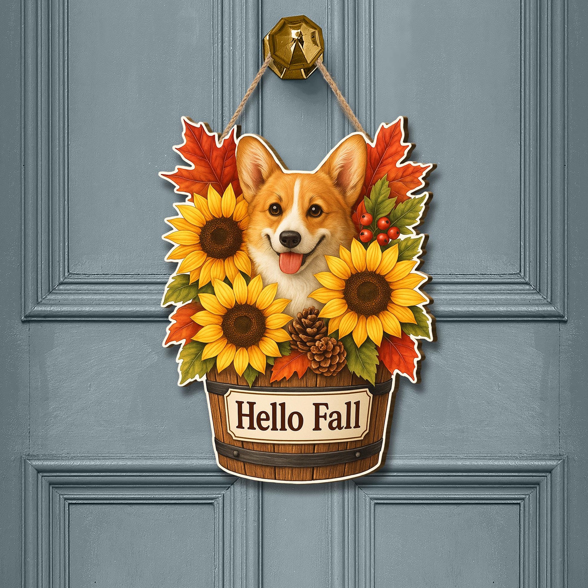 Hello Fall Corgi Door Hanger, Fall Sunflower Porch Sign, Rustic Autumn Front Door Decoration, Dog Lover Farmhouse Wall Hanging Decor