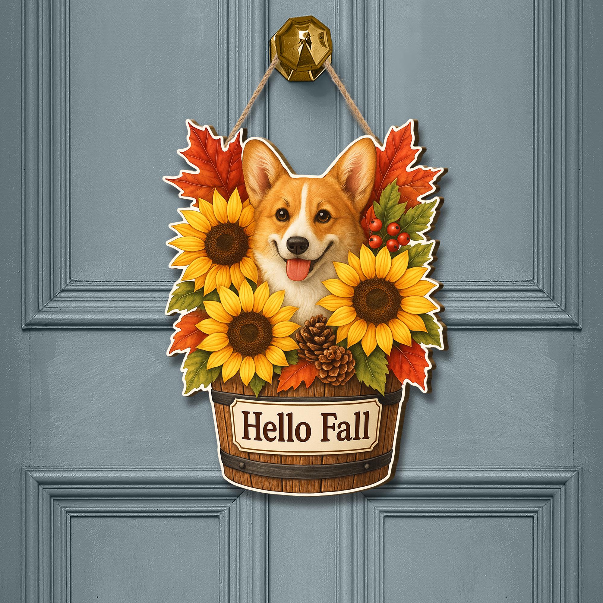 Hello Fall Corgi Door Hanger, Fall Sunflower Porch Sign, Rustic Autumn Front Door Decoration, Dog Lover Farmhouse Wall Hanging Decor