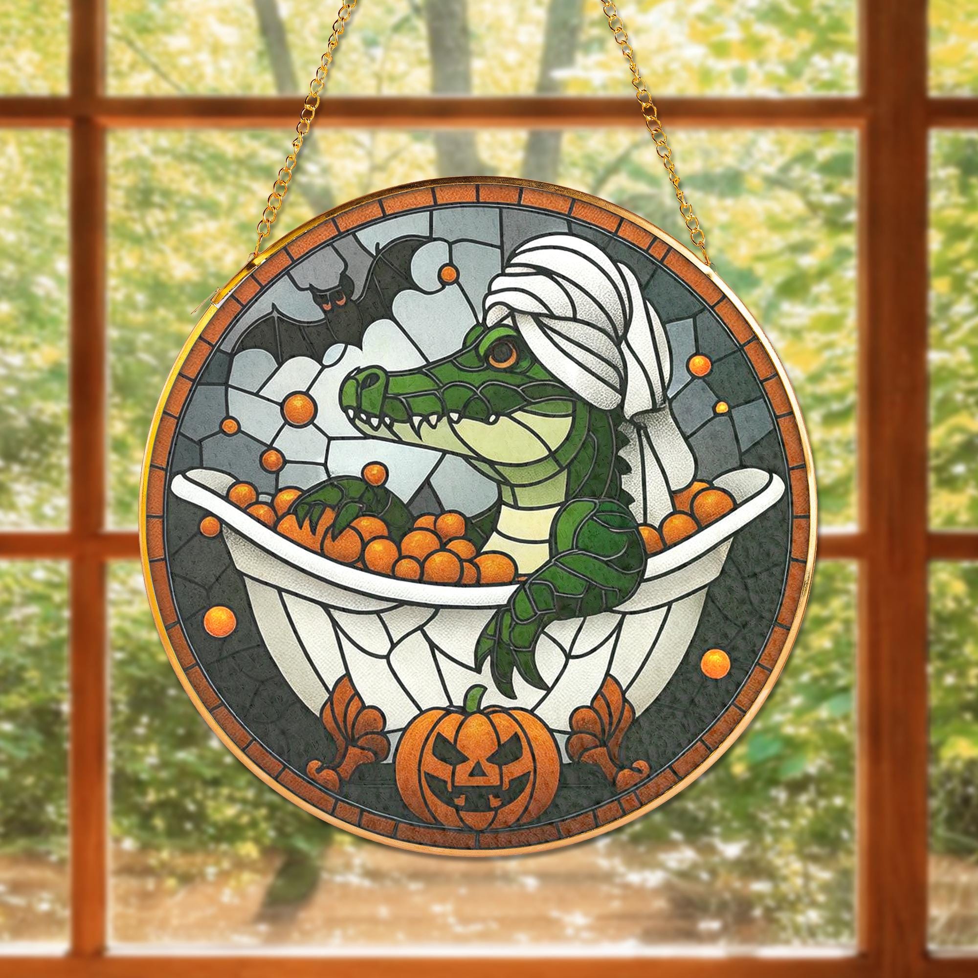 Halloween Glass Decor | Spooky Alligator Pumpkin Bath Suncatcher | Gothic Glass Window Hanging Decoration