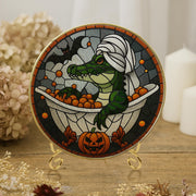 Halloween Glass Decor | Spooky Alligator Pumpkin Bath Suncatcher | Gothic Glass Window Hanging Decoration