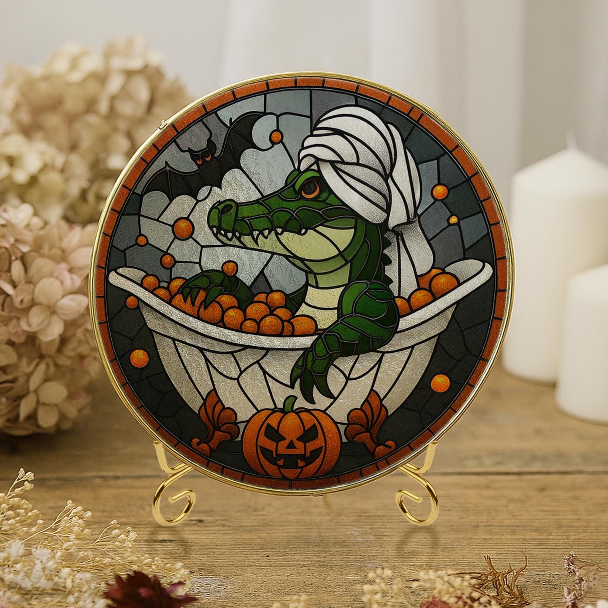 Halloween Glass Decor | Spooky Alligator Pumpkin Bath Suncatcher | Gothic Glass Window Hanging Decoration