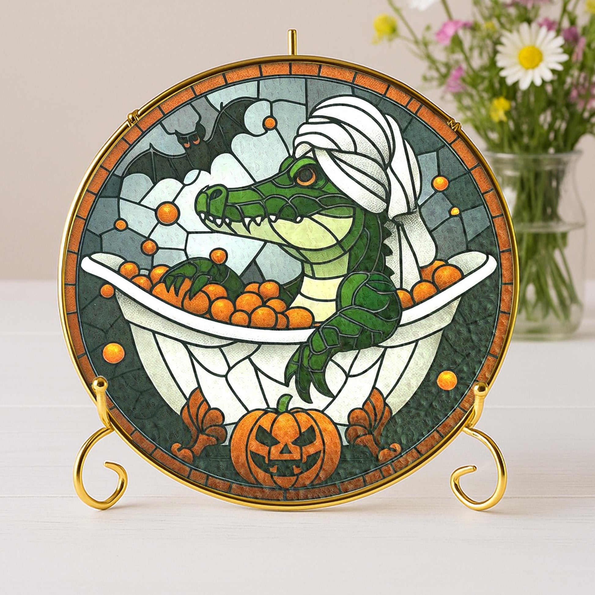Halloween Glass Decor | Spooky Alligator Pumpkin Bath Suncatcher | Gothic Glass Window Hanging Decoration