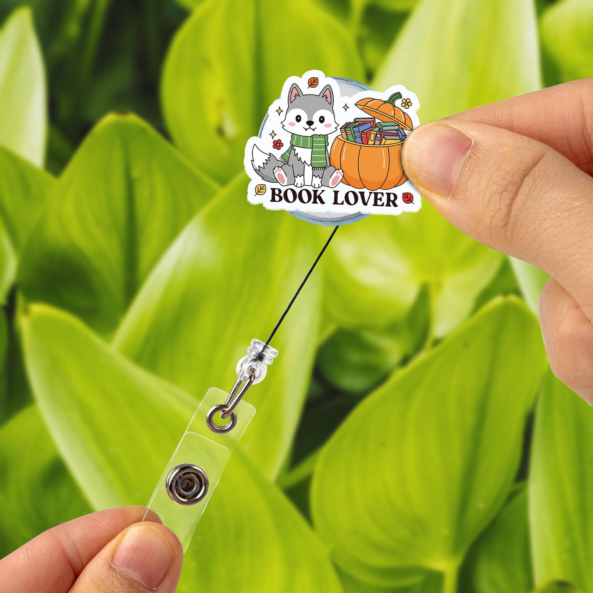 Book Lover Badge Reel | Cute Husky Dog ID Badge Holder | Pumpkin Teacher Librarian Gift | Bookish Fall Work Badge Clip, Book Lover Gift