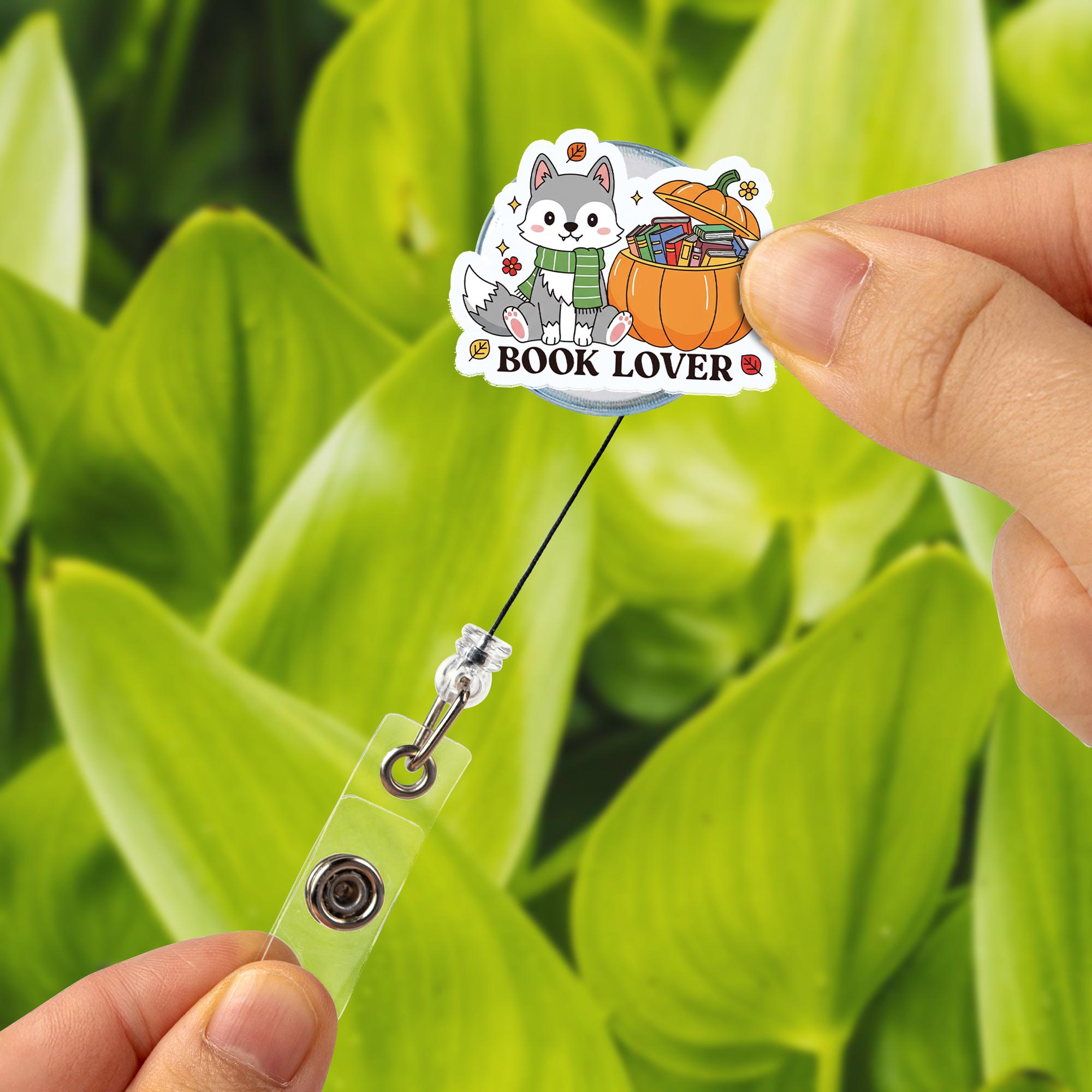 Book Lover Badge Reel | Cute Husky Dog ID Badge Holder | Pumpkin Teacher Librarian Gift | Bookish Fall Work Badge Clip, Book Lover Gift