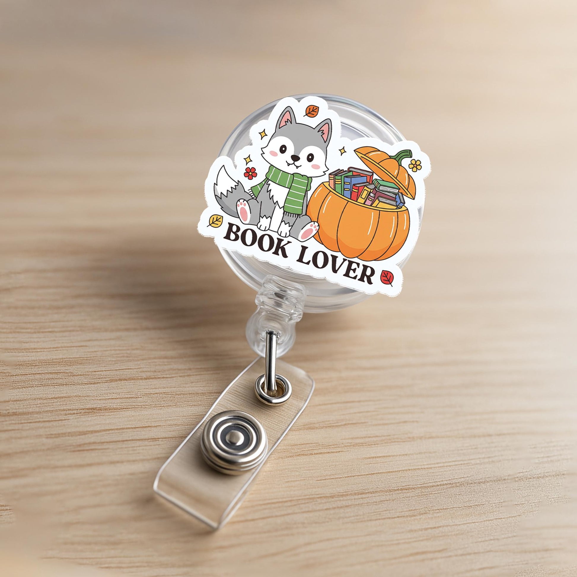 Book Lover Badge Reel | Cute Husky Dog ID Badge Holder | Pumpkin Teacher Librarian Gift | Bookish Fall Work Badge Clip, Book Lover Gift