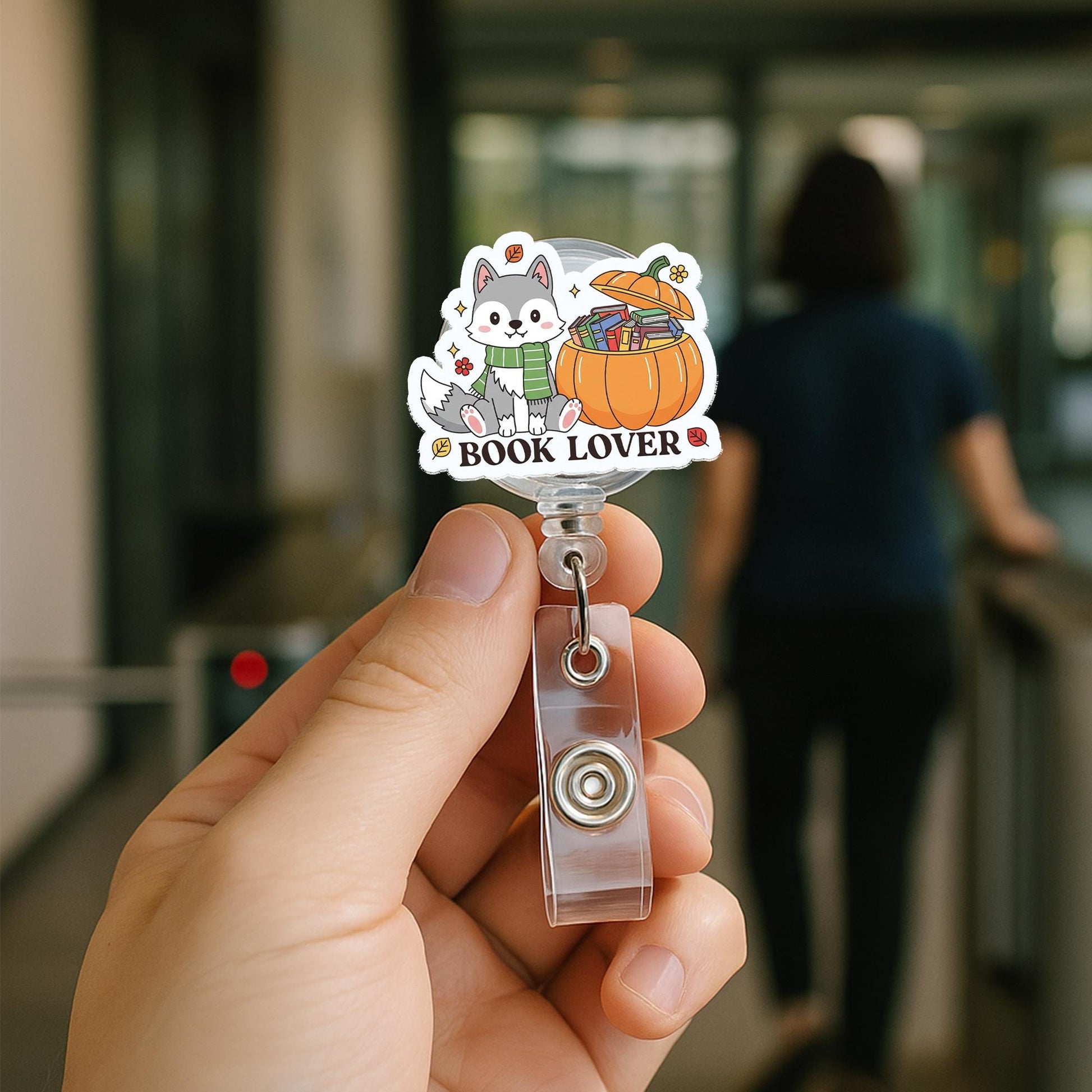 Book Lover Badge Reel | Cute Husky Dog ID Badge Holder | Pumpkin Teacher Librarian Gift | Bookish Fall Work Badge Clip, Book Lover Gift