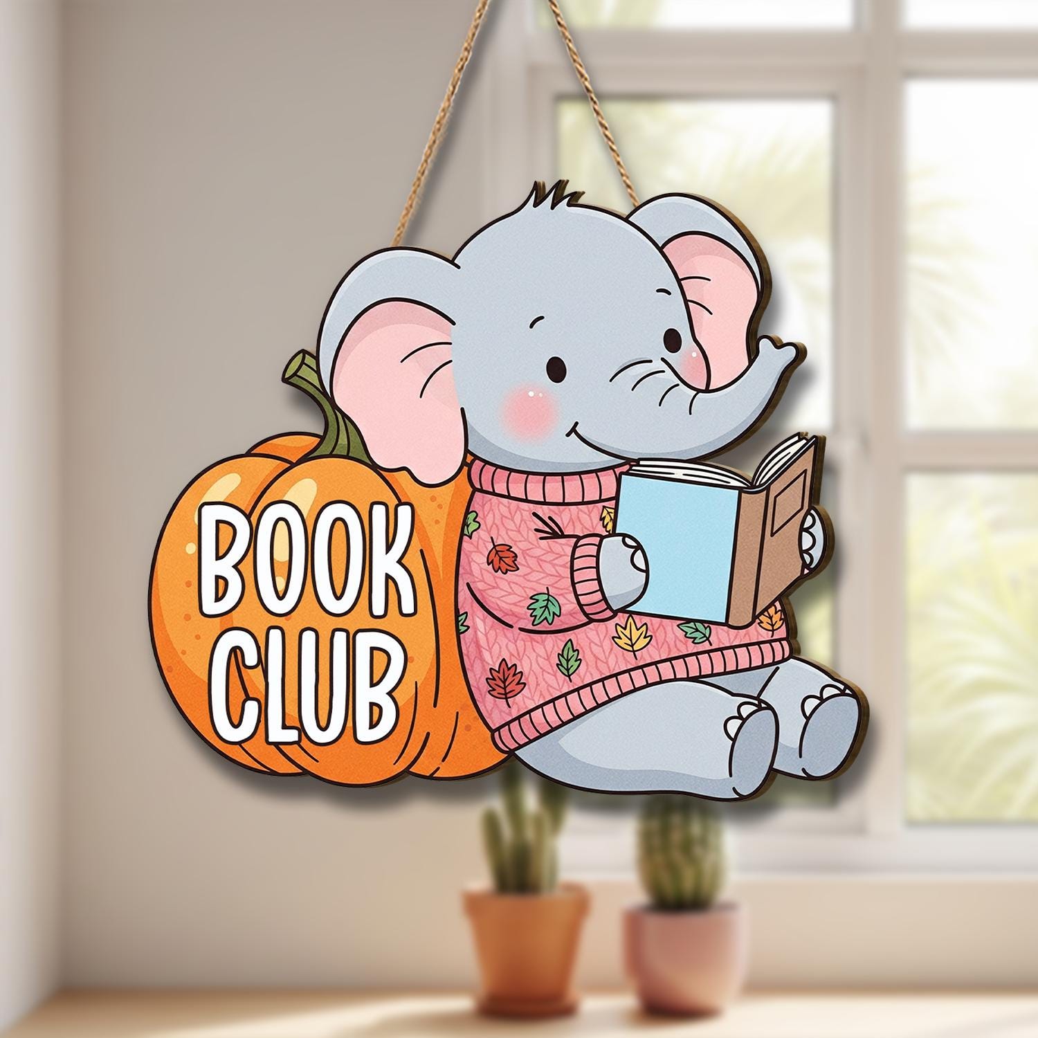 Book Club Door Hanger | Cute Elephant Reading Sign | Pumpkin Fall Bookish Decor | Library Classroom Book Club Meeting Sign, Door Sign Decor
