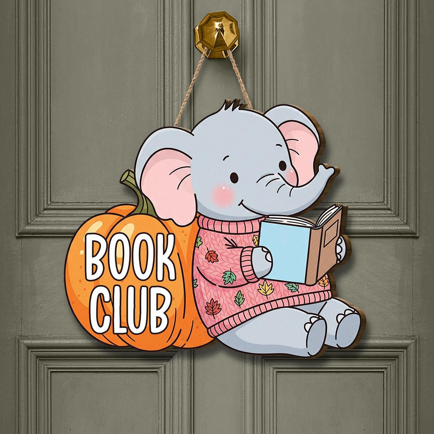 Book Club Door Hanger | Cute Elephant Reading Sign | Pumpkin Fall Bookish Decor | Library Classroom Book Club Meeting Sign, Door Sign Decor