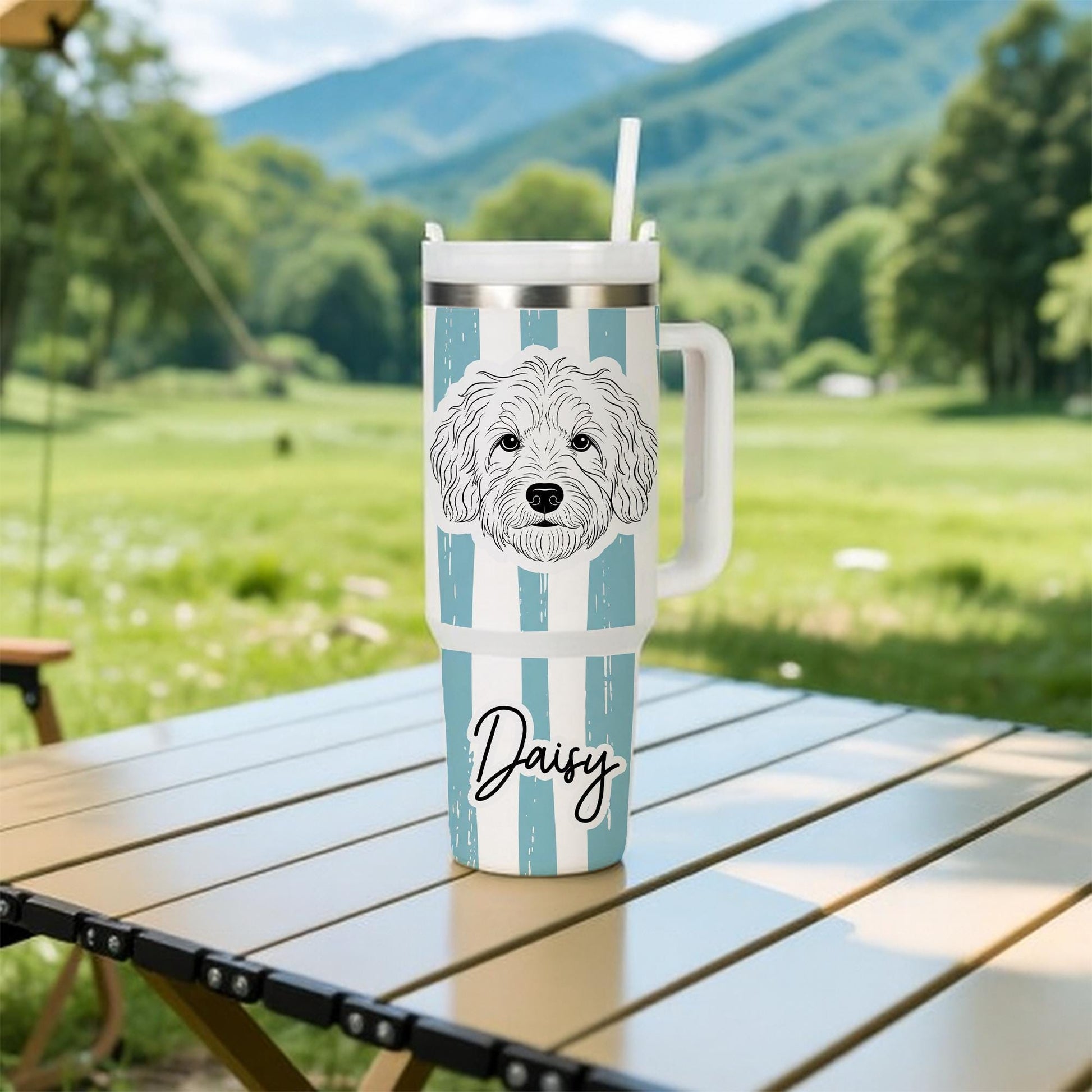 Personalized Dog Tumbler 40oz | Custom Pet Portrait Tumbler with Handle & Straw | Dog Mom Gift | Dog Lover Large Travel Tumbler