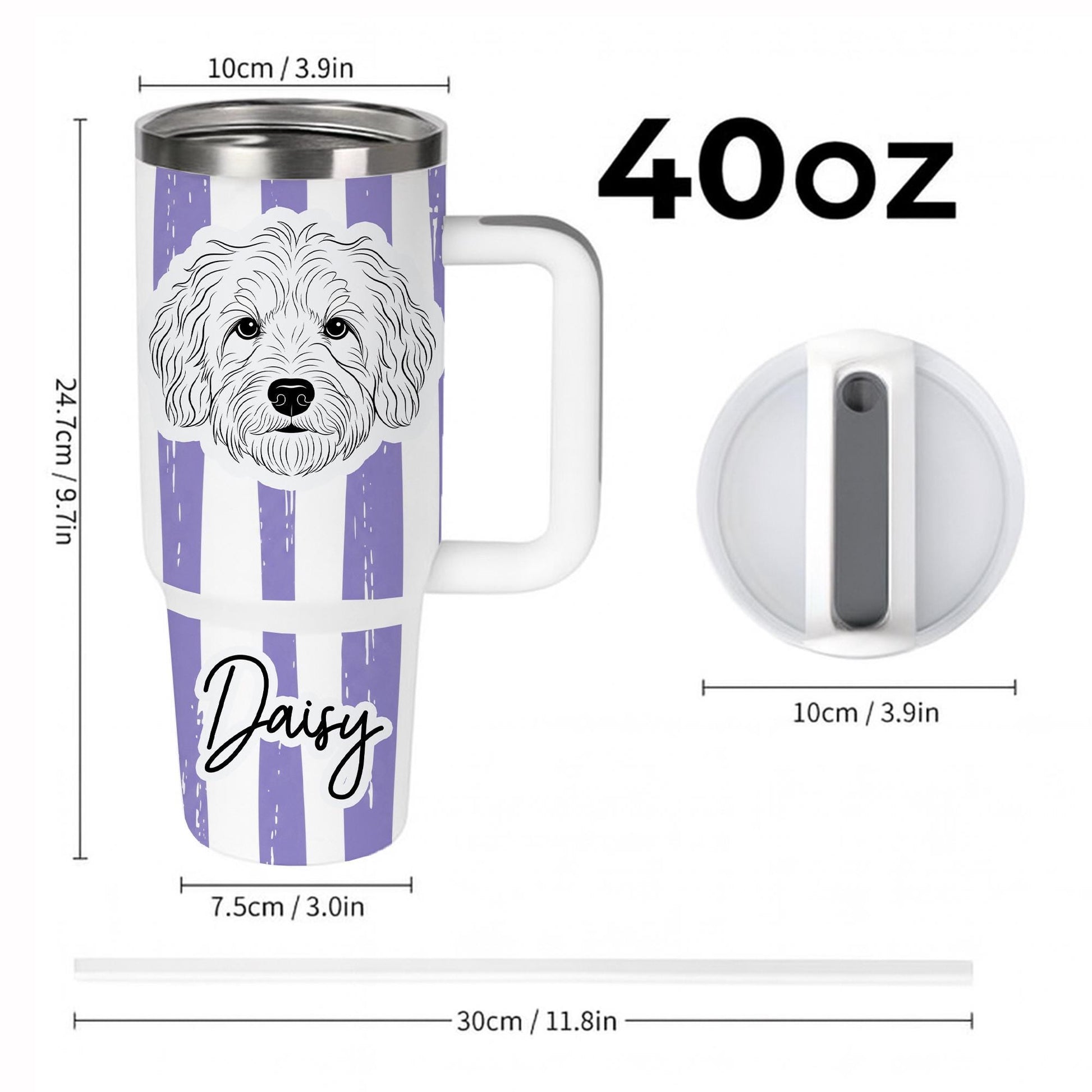 Personalized Dog Tumbler 40oz | Custom Pet Portrait Tumbler with Handle & Straw | Dog Mom Gift | Dog Lover Large Travel Tumbler