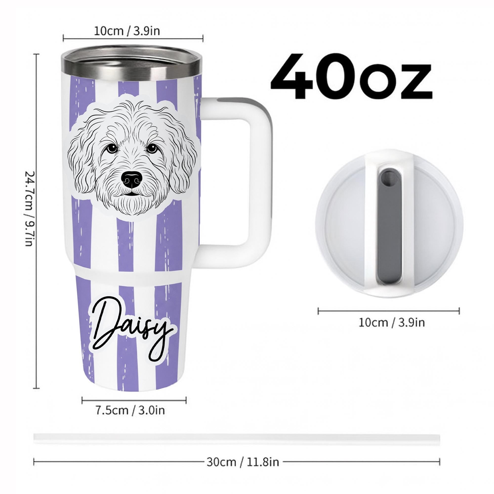 Personalized Dog Tumbler 40oz | Custom Pet Portrait Tumbler with Handle & Straw | Dog Mom Gift | Dog Lover Large Travel Tumbler