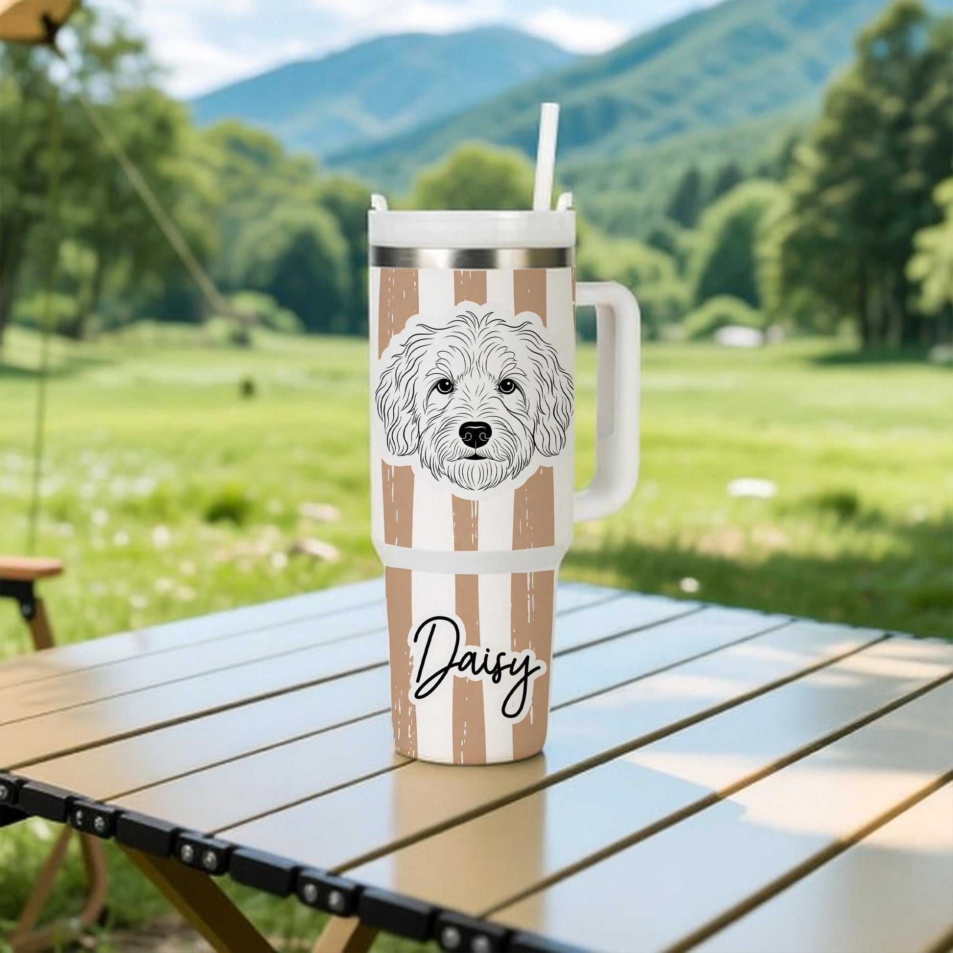 Personalized Dog Tumbler 40oz | Custom Pet Portrait Tumbler with Handle & Straw | Dog Mom Gift | Dog Lover Large Travel Tumbler