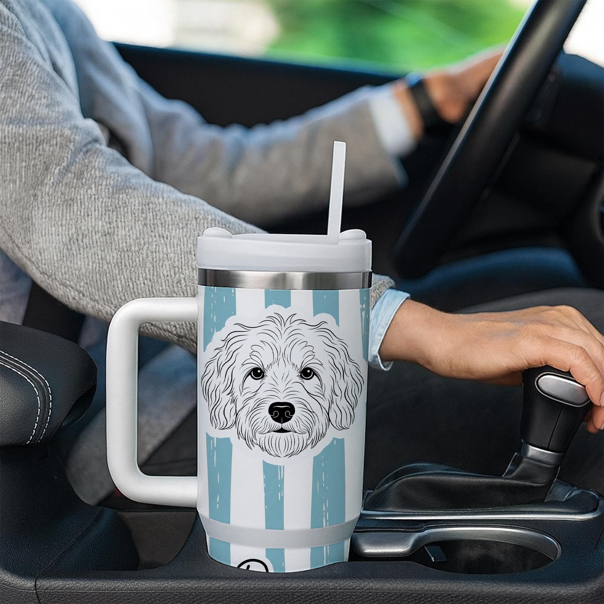 Personalized Dog Tumbler 40oz | Custom Pet Portrait Tumbler with Handle & Straw | Dog Mom Gift | Dog Lover Large Travel Tumbler