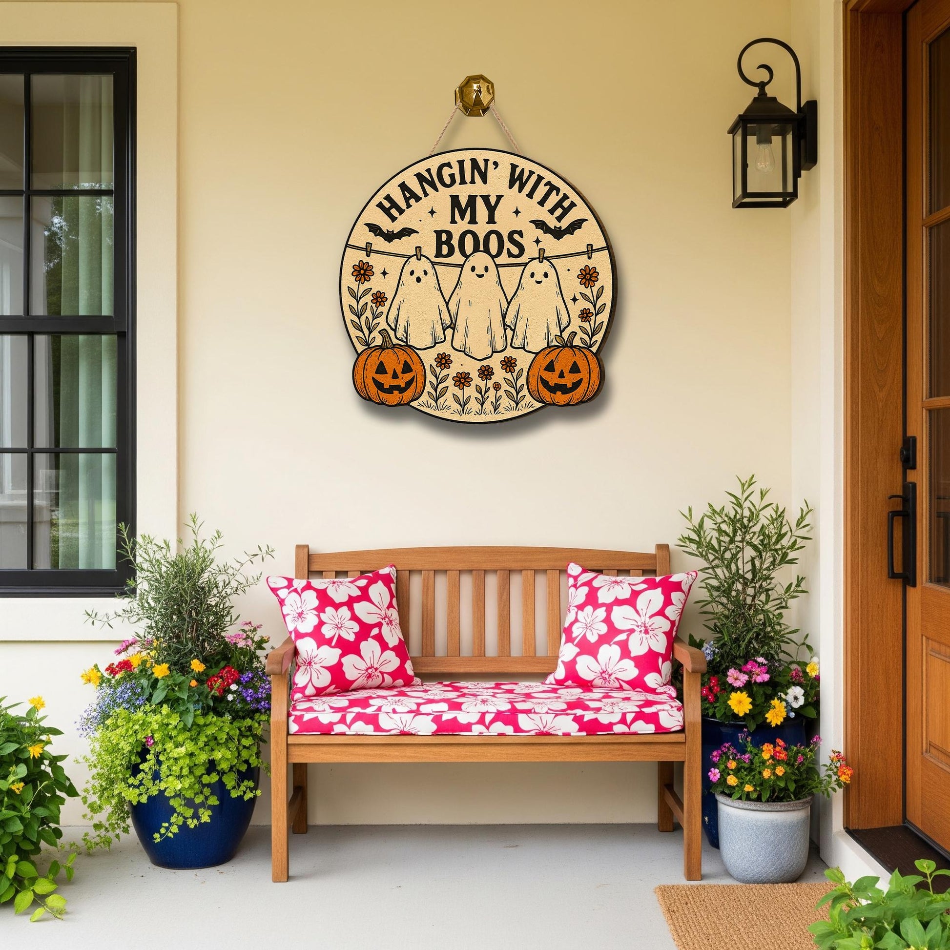 Halloween Ghost Door Sign | Hangin’ With My Boos Porch Wall Decor | Funny Pumpkin Laundry Room Hanging Sign